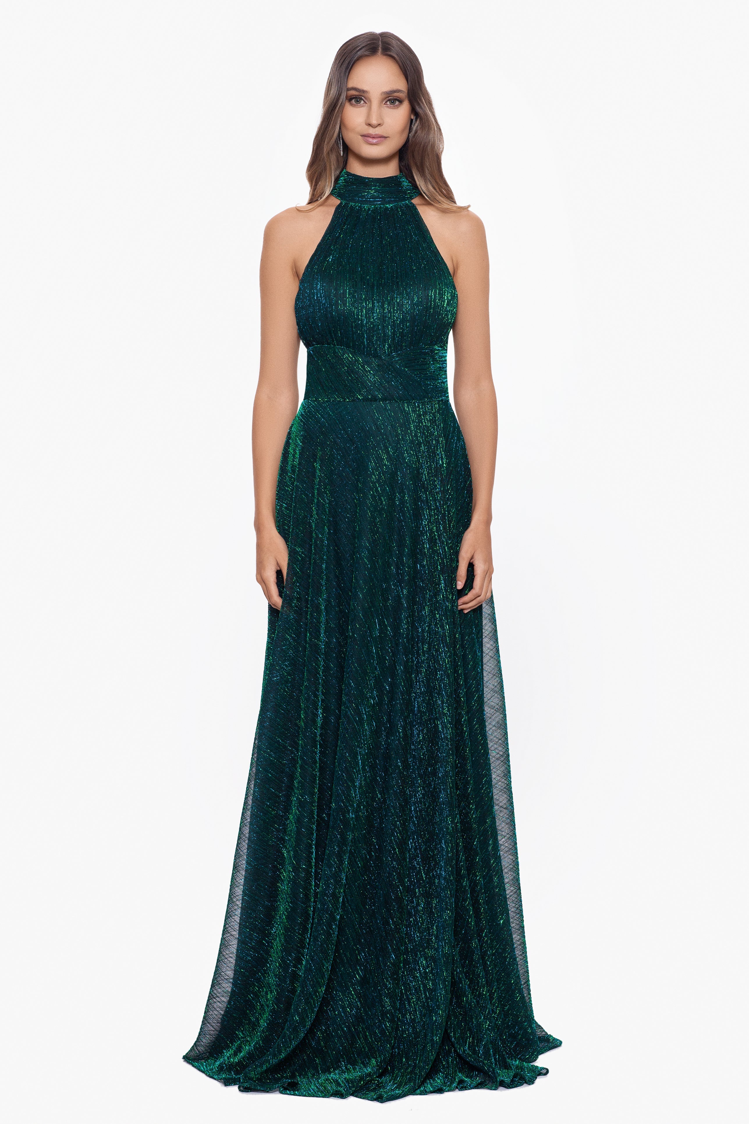 “Stella” Metallic Halter Wrap Skirt Dress
