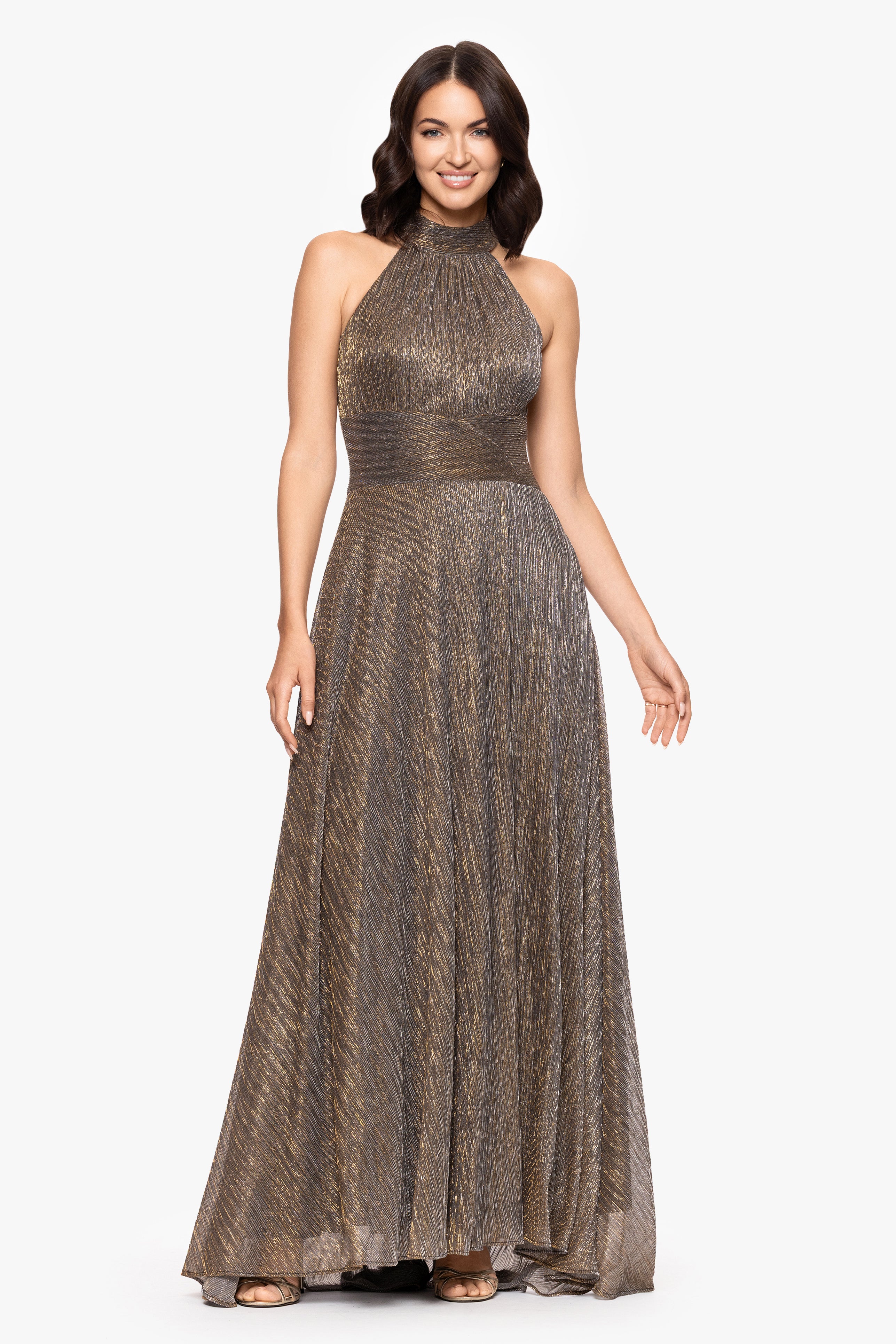 “Stella” Metallic Halter Wrap Skirt Dress