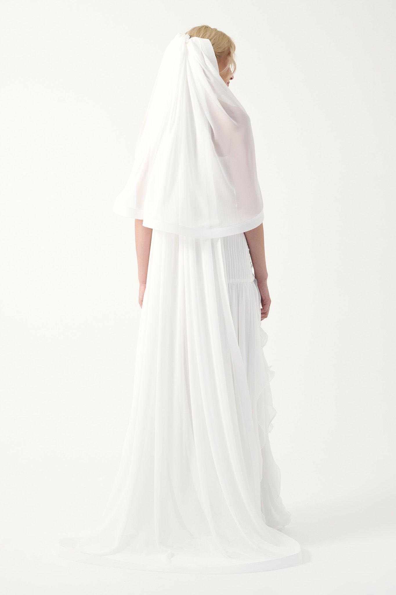 Strapless Ruffle Cascade Gown with Veil