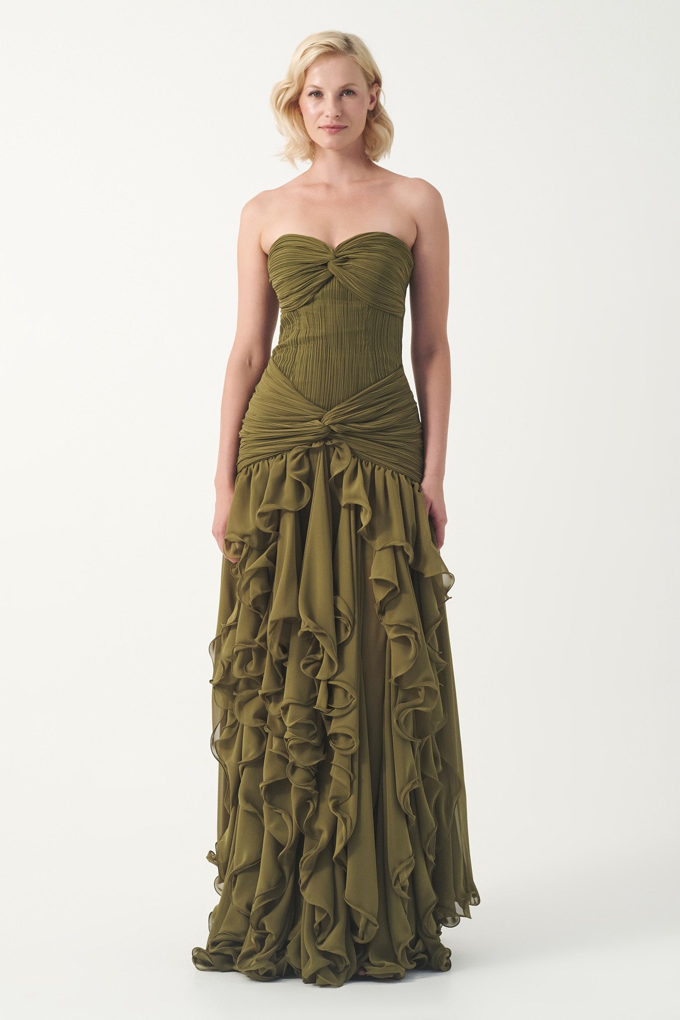 Strapless Ruffle Cascade Gown with Veil