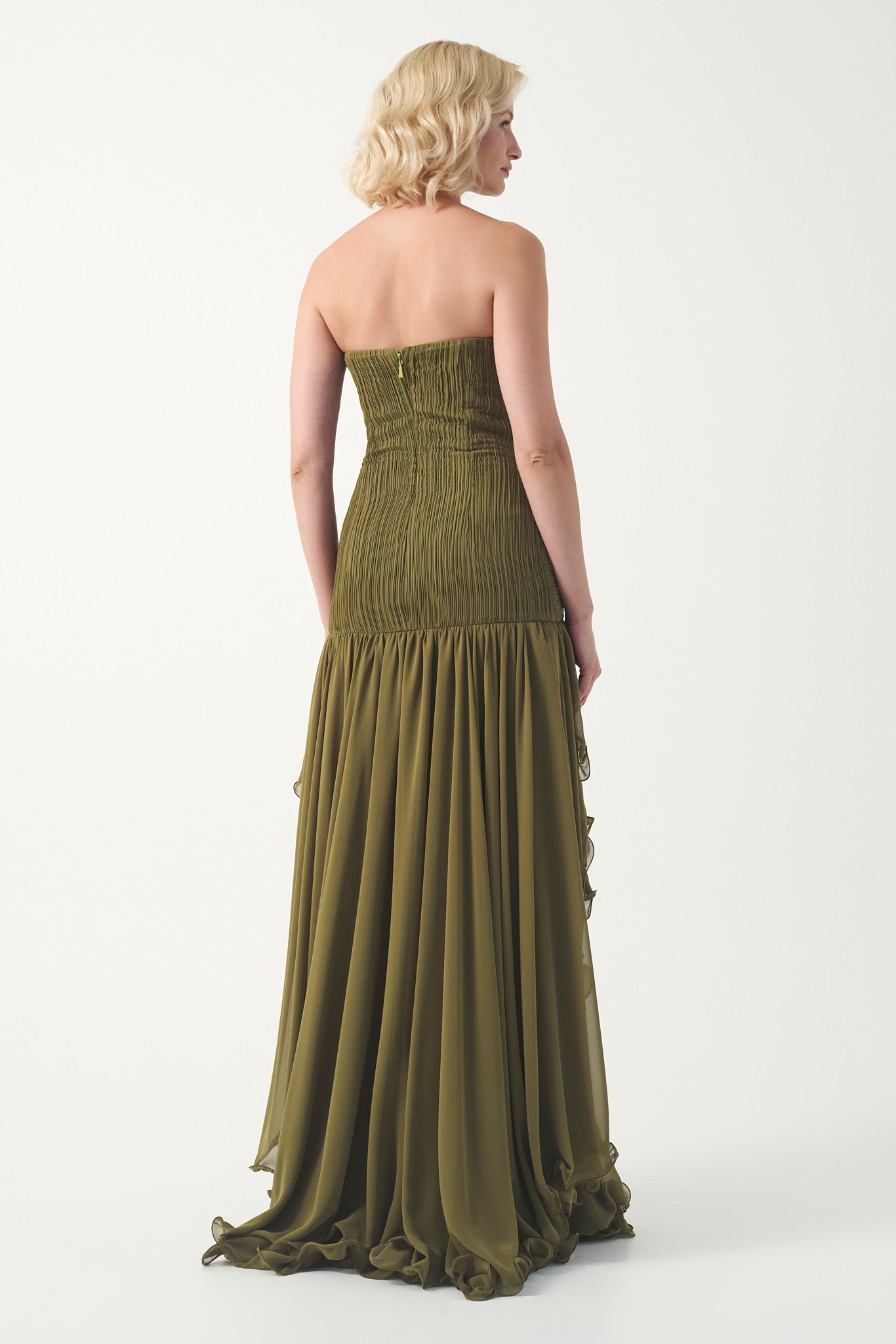 Strapless Ruffle Cascade Gown with Veil