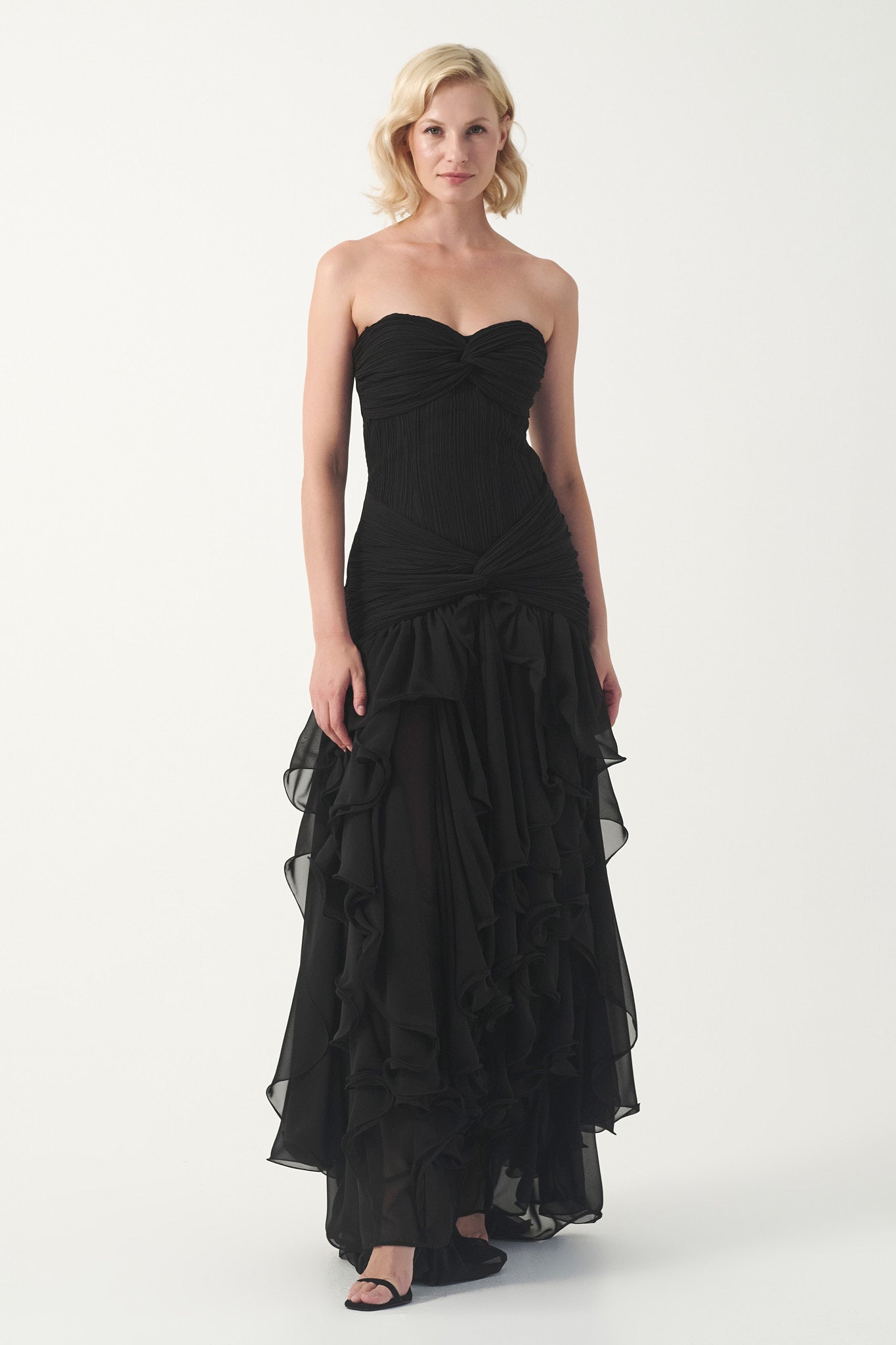 Strapless Ruffle Cascade Gown with Veil