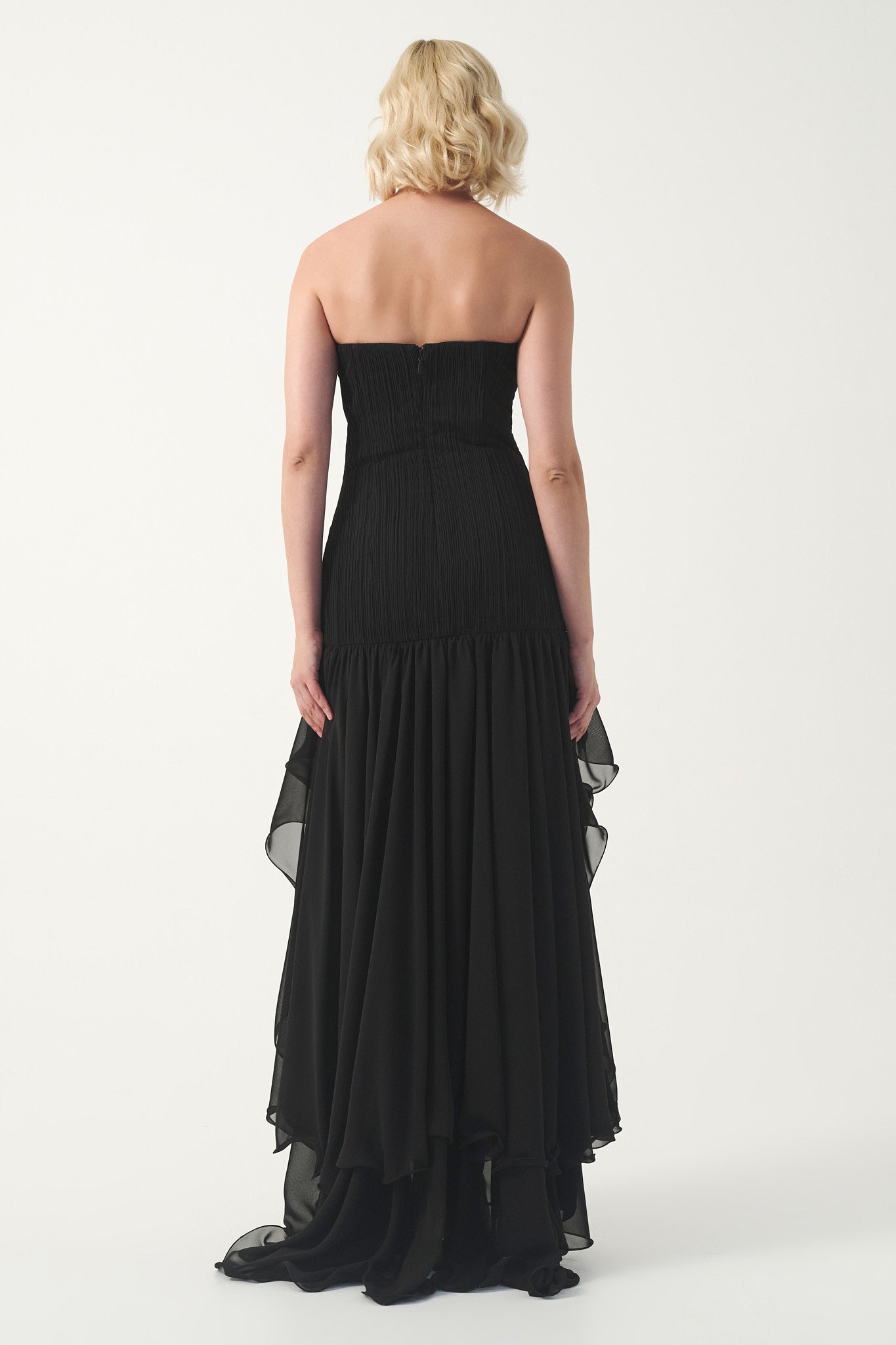 Strapless Ruffle Cascade Gown with Veil