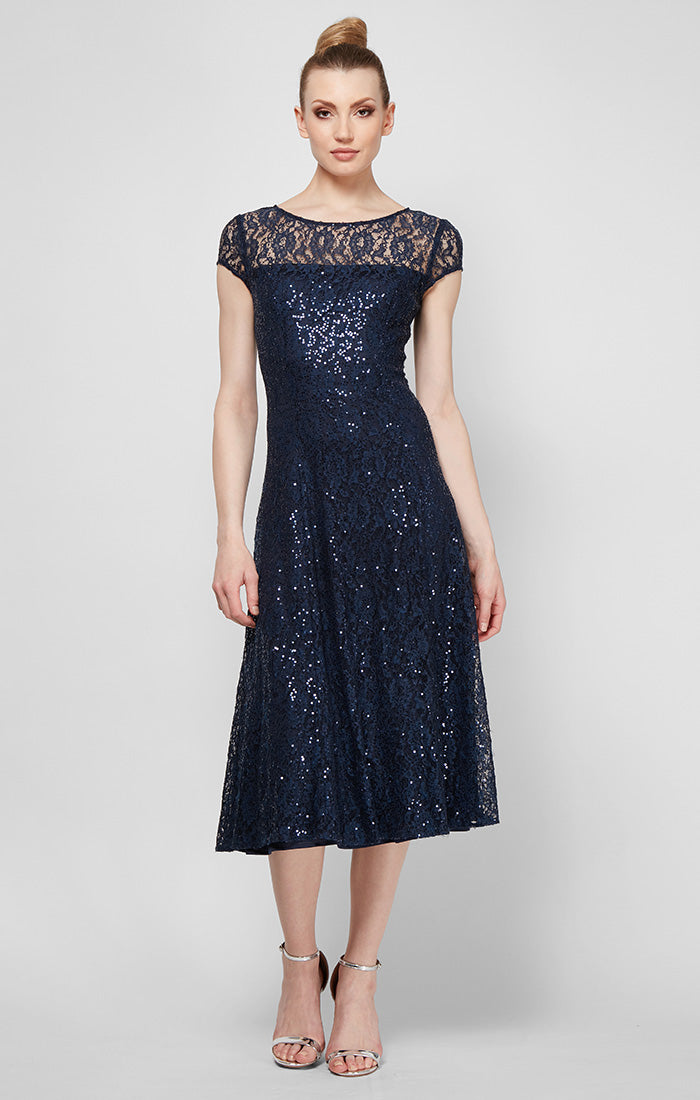 Cap Sleeve Tea Length Sequin Lace Dress