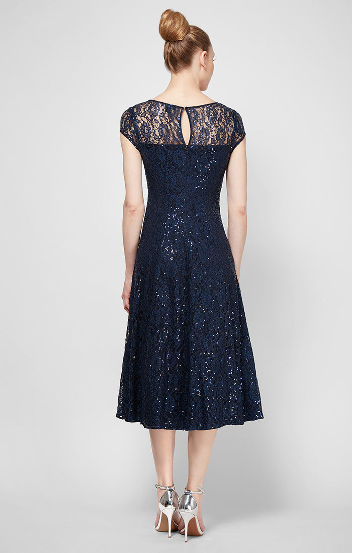 Cap Sleeve Tea Length Sequin Lace Dress