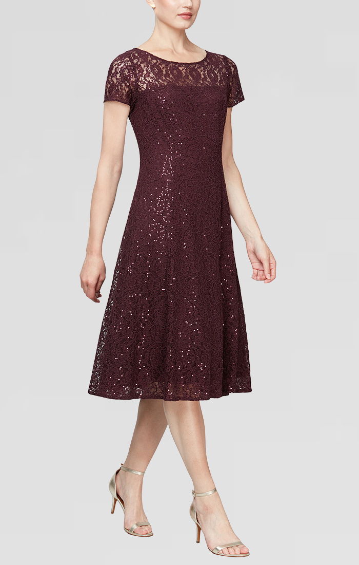 Cap Sleeve Tea Length Sequin Lace Dress