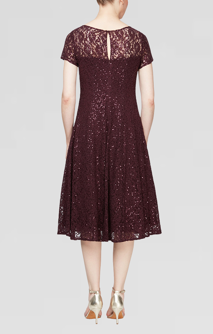 Cap Sleeve Tea Length Sequin Lace Dress