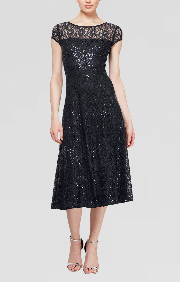 Cap Sleeve Tea Length Sequin Lace Dress