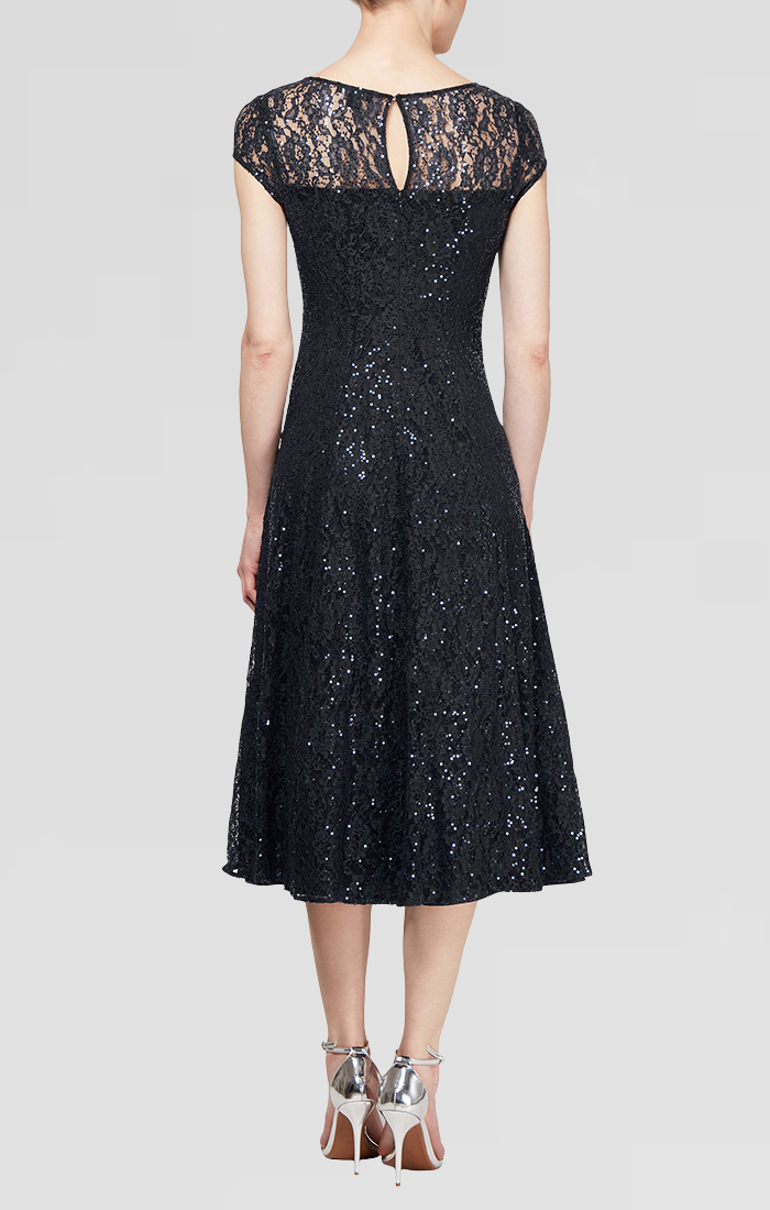 Cap Sleeve Tea Length Sequin Lace Dress