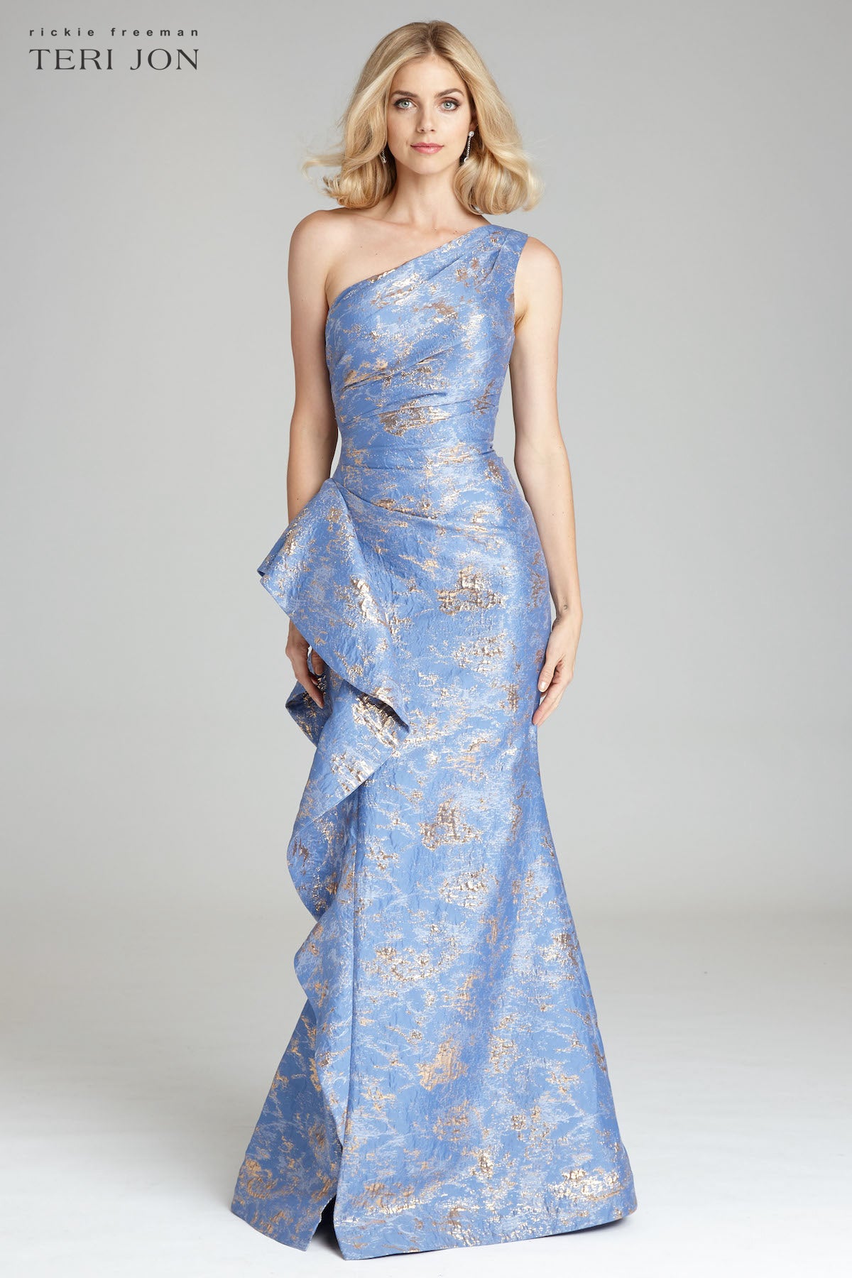 Jacquard One Shoulder Side Ruffle Gown