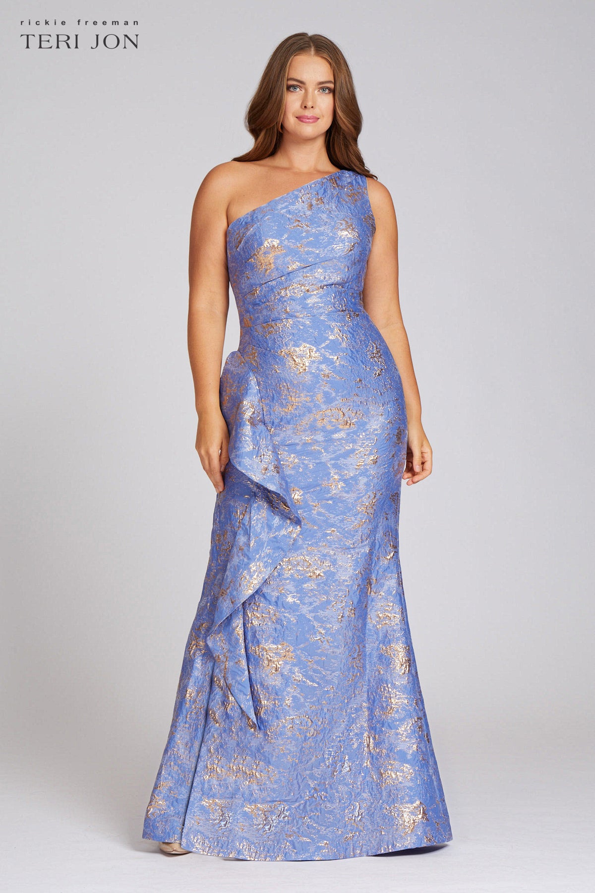 Jacquard One Shoulder Side Ruffle Gown