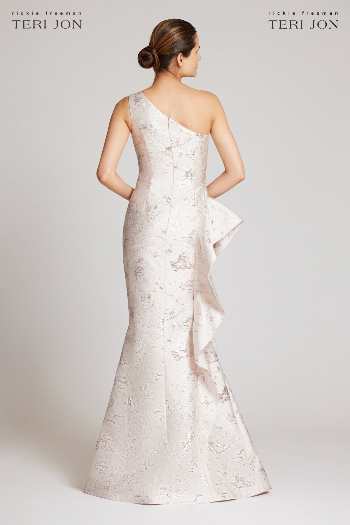 Jacquard One Shoulder Side Ruffle Gown