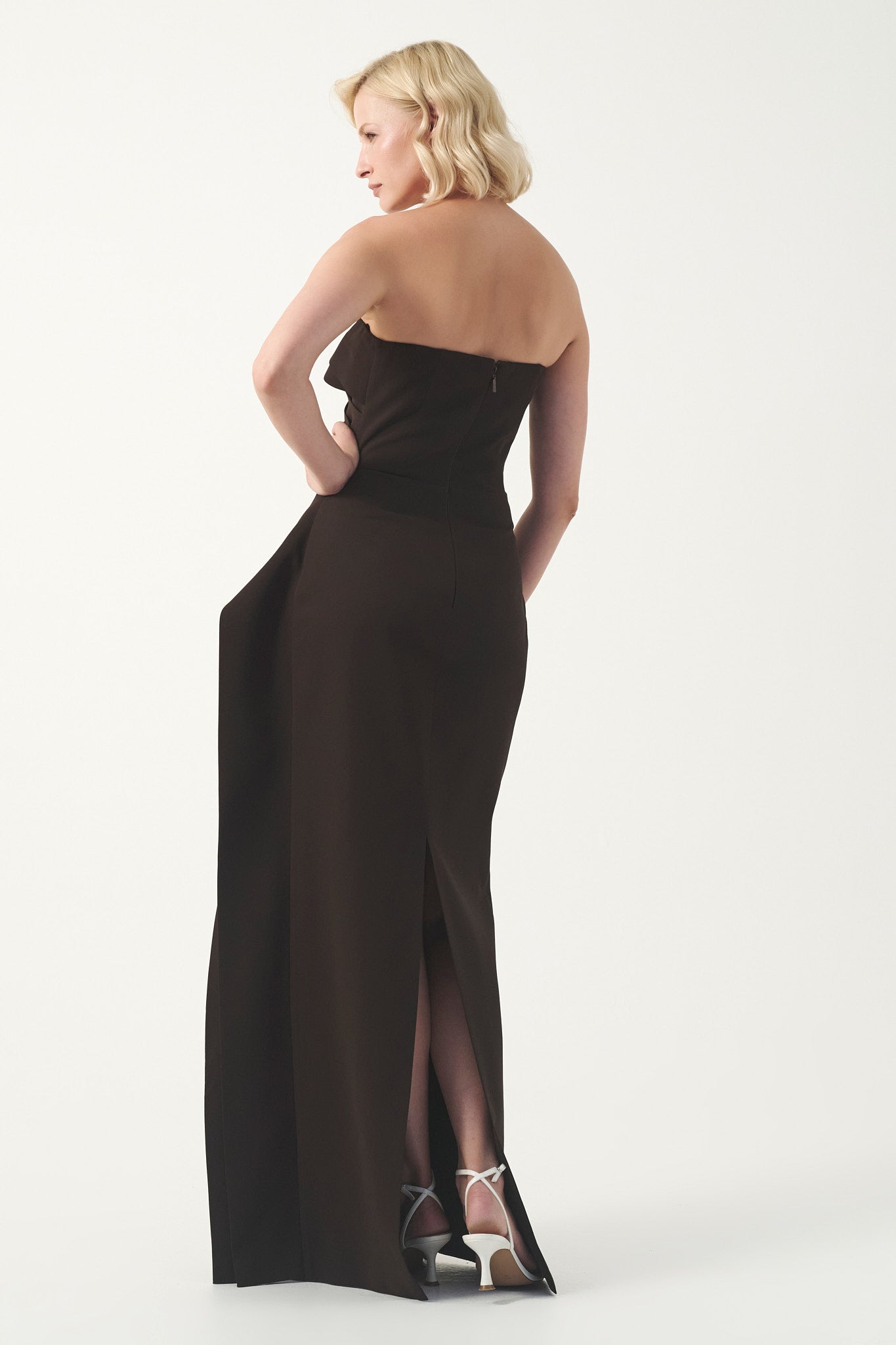 Strapless Draped Long  Dress with Sculptural Detail