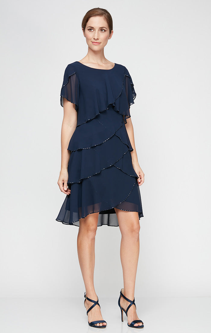 Tiered Chiffon Cocktail Dress with Bugle Beaded Trim and Flutter Sleeves