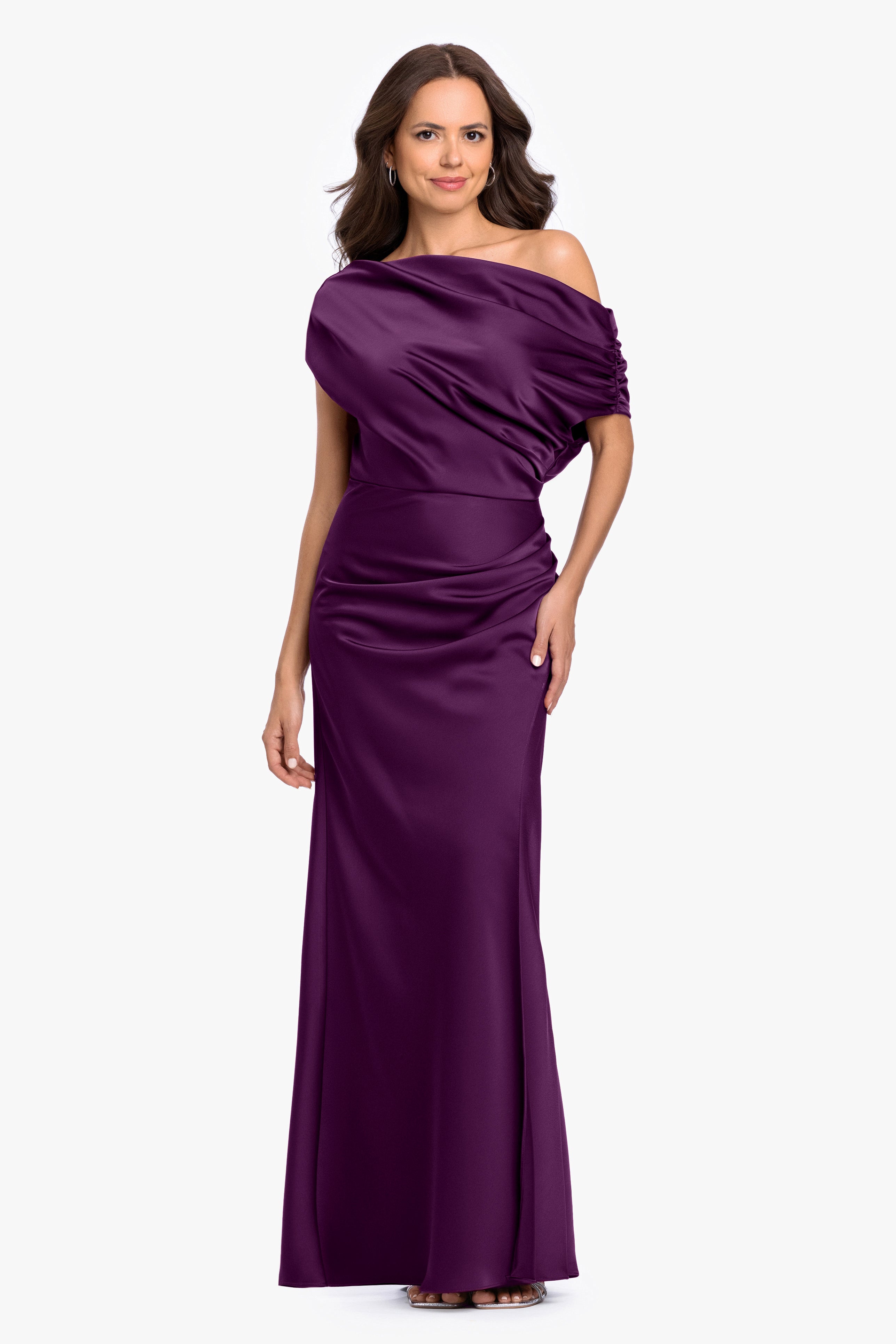 “Hailey” Double Faced Satin Off The Shoulder Ruched Dress
