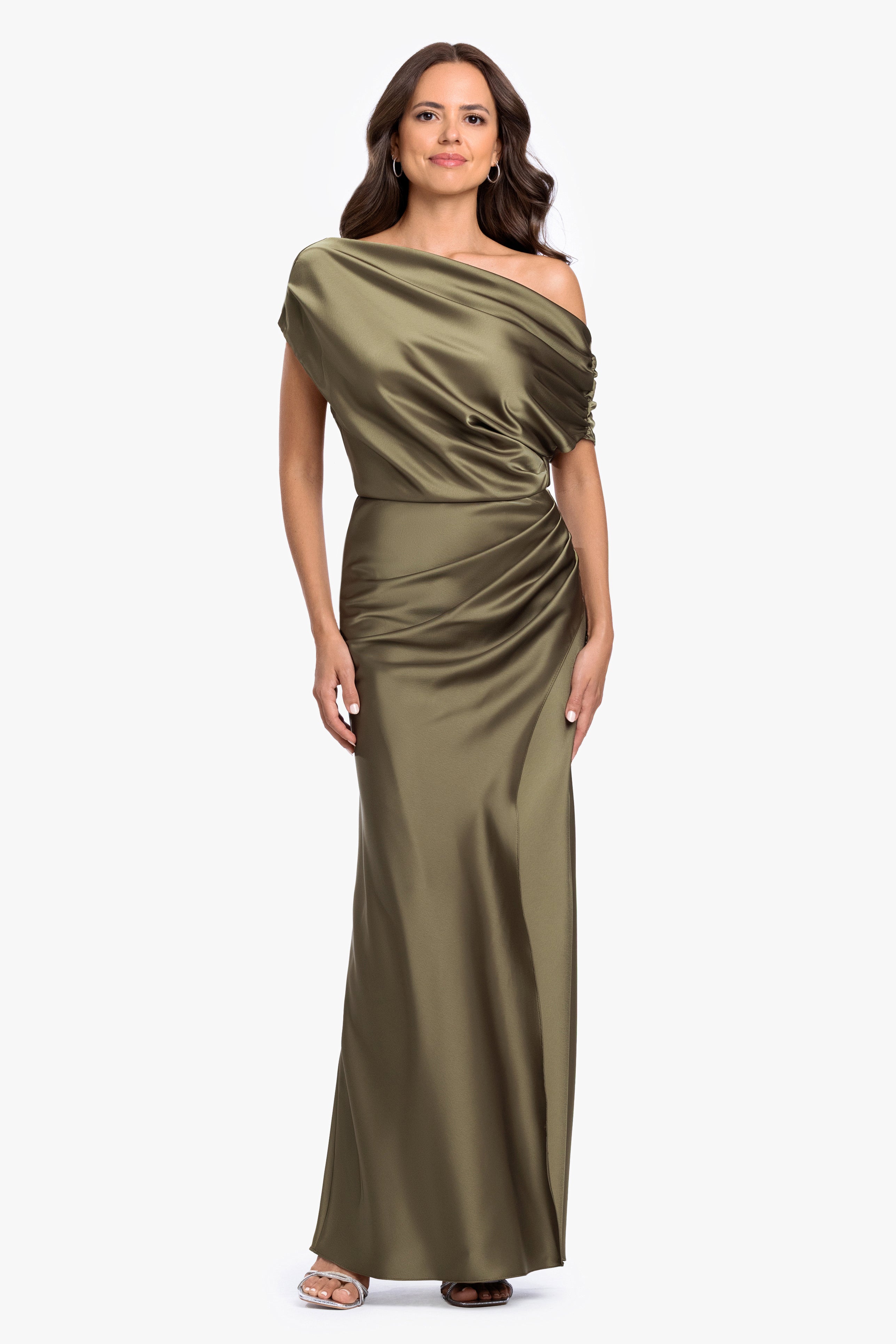 “Hailey” Double Faced Satin Off The Shoulder Ruched Dress