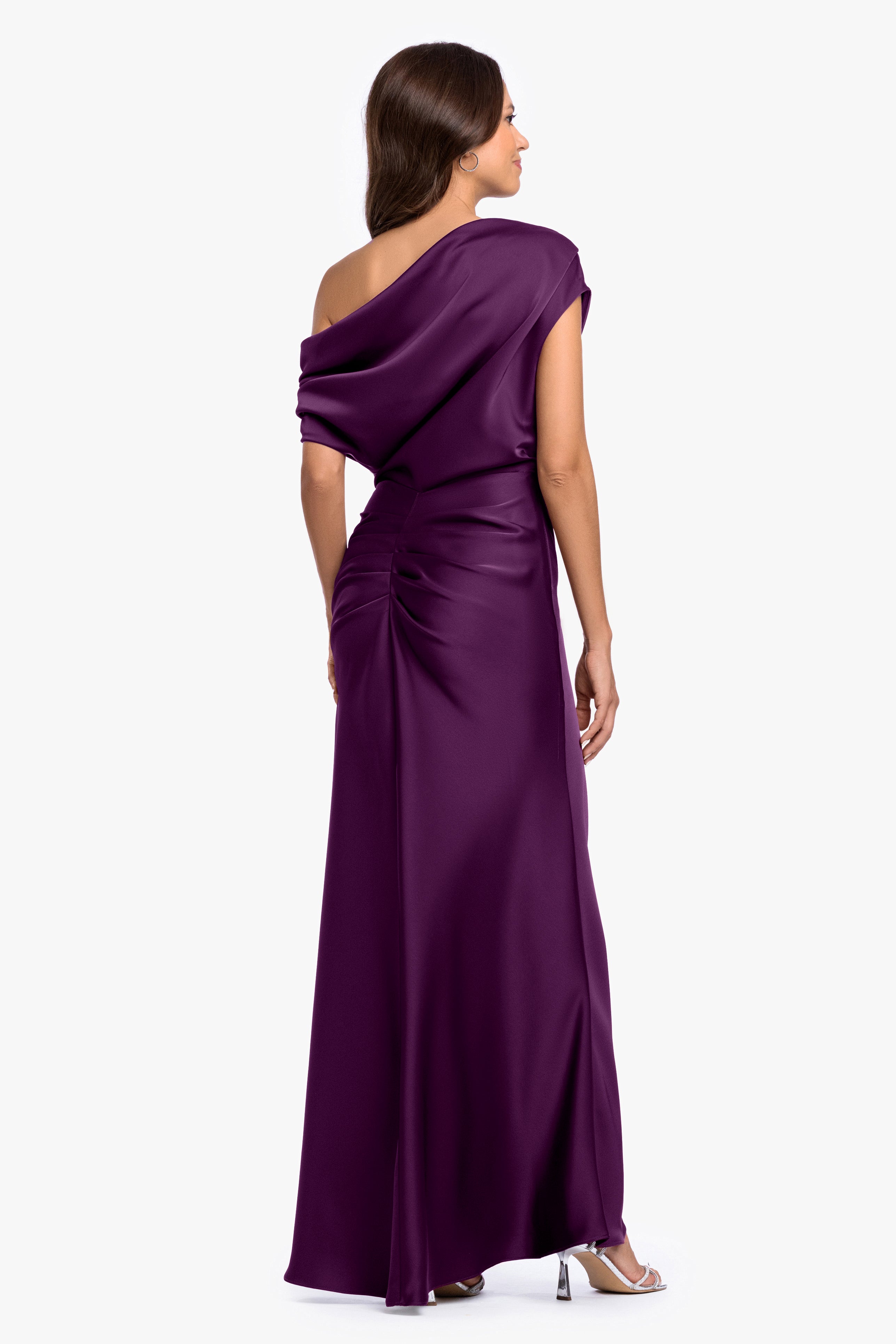 “Hailey” Double Faced Satin Off The Shoulder Ruched Dress