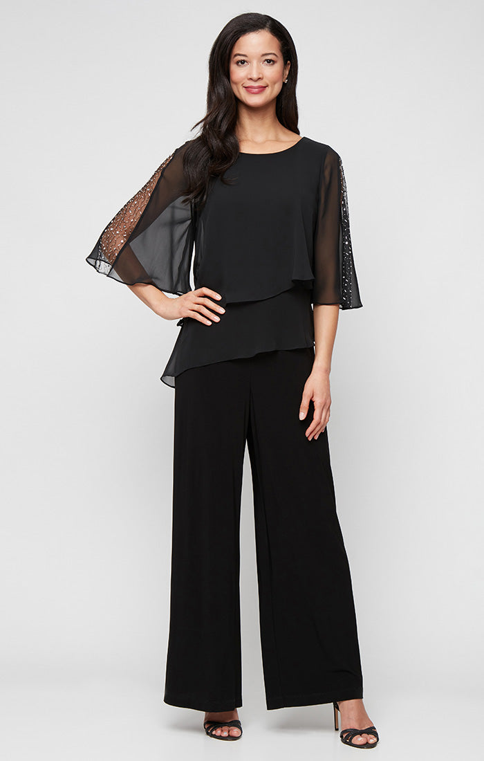 Matte Jersey Jumpsuit with Chiffon Double Tier Overlay Bodice and Embellished Sleeves