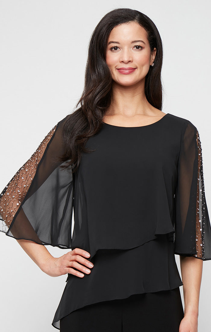 Matte Jersey Jumpsuit with Chiffon Double Tier Overlay Bodice and Embellished Sleeves