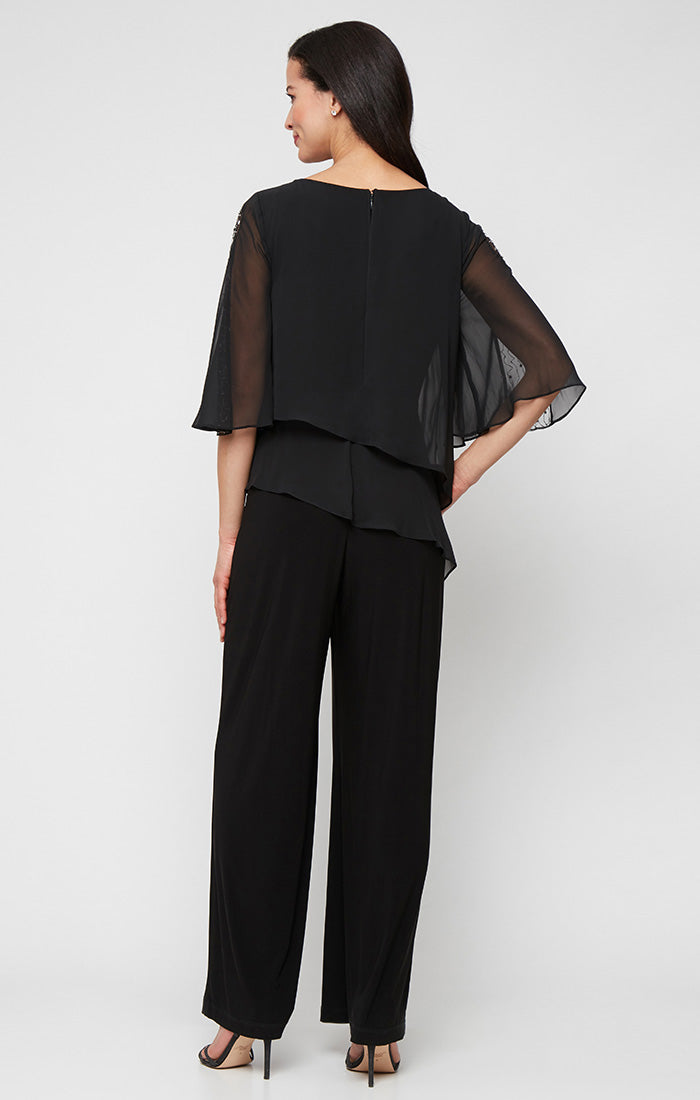 Matte Jersey Jumpsuit with Chiffon Double Tier Overlay Bodice and Embellished Sleeves