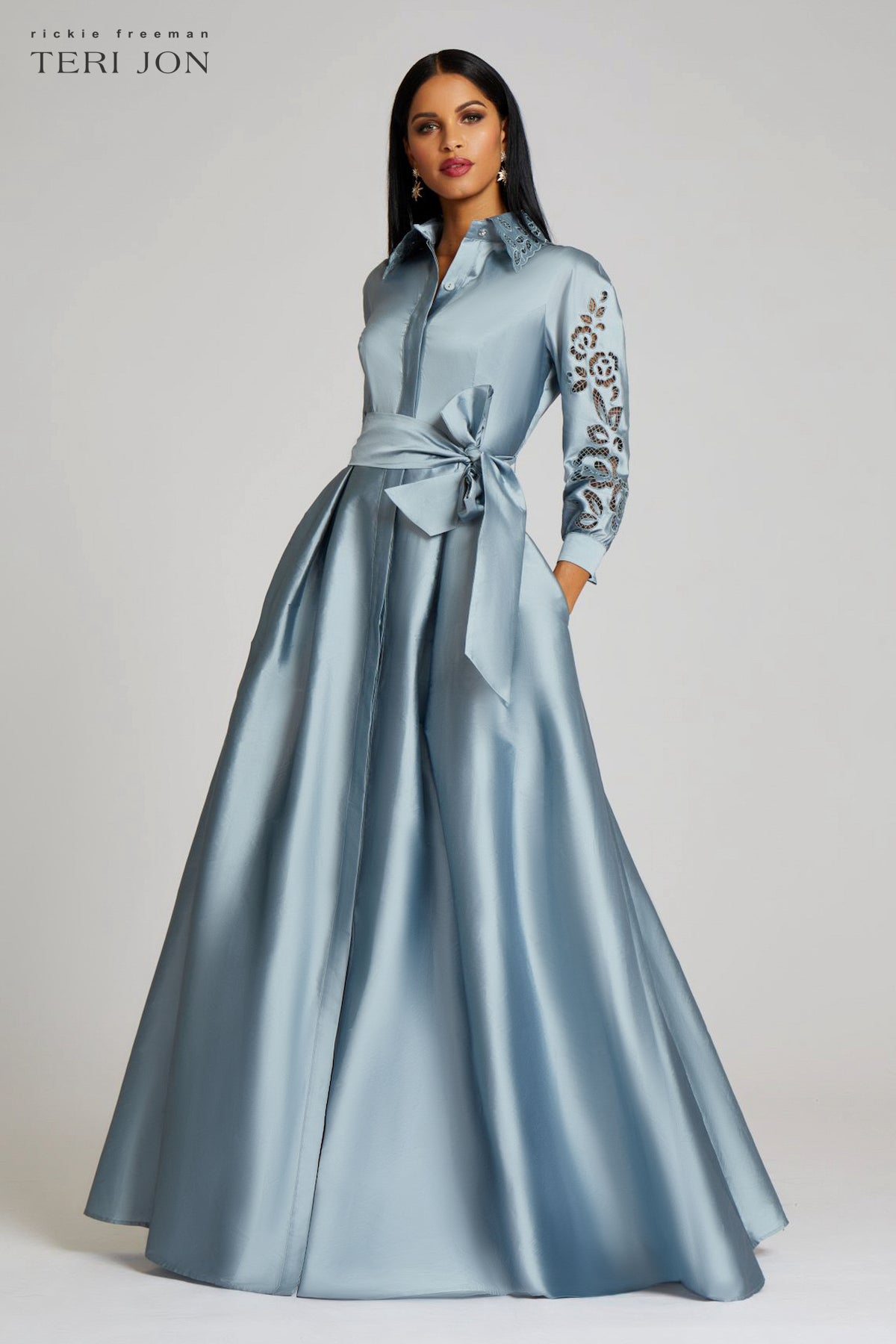 Taffeta Shirtdress Gown With Eyelet Detail