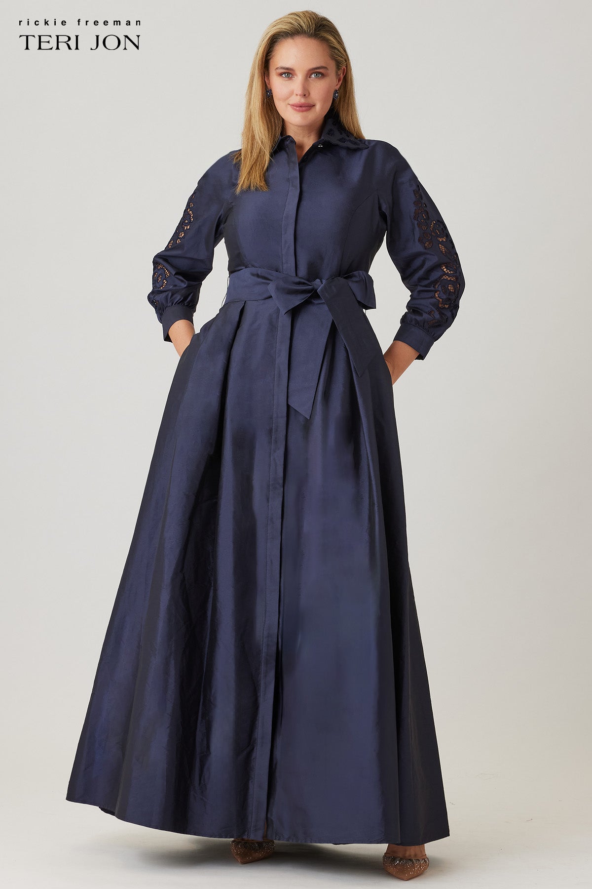 Taffeta Shirtdress Gown With Eyelet Detail