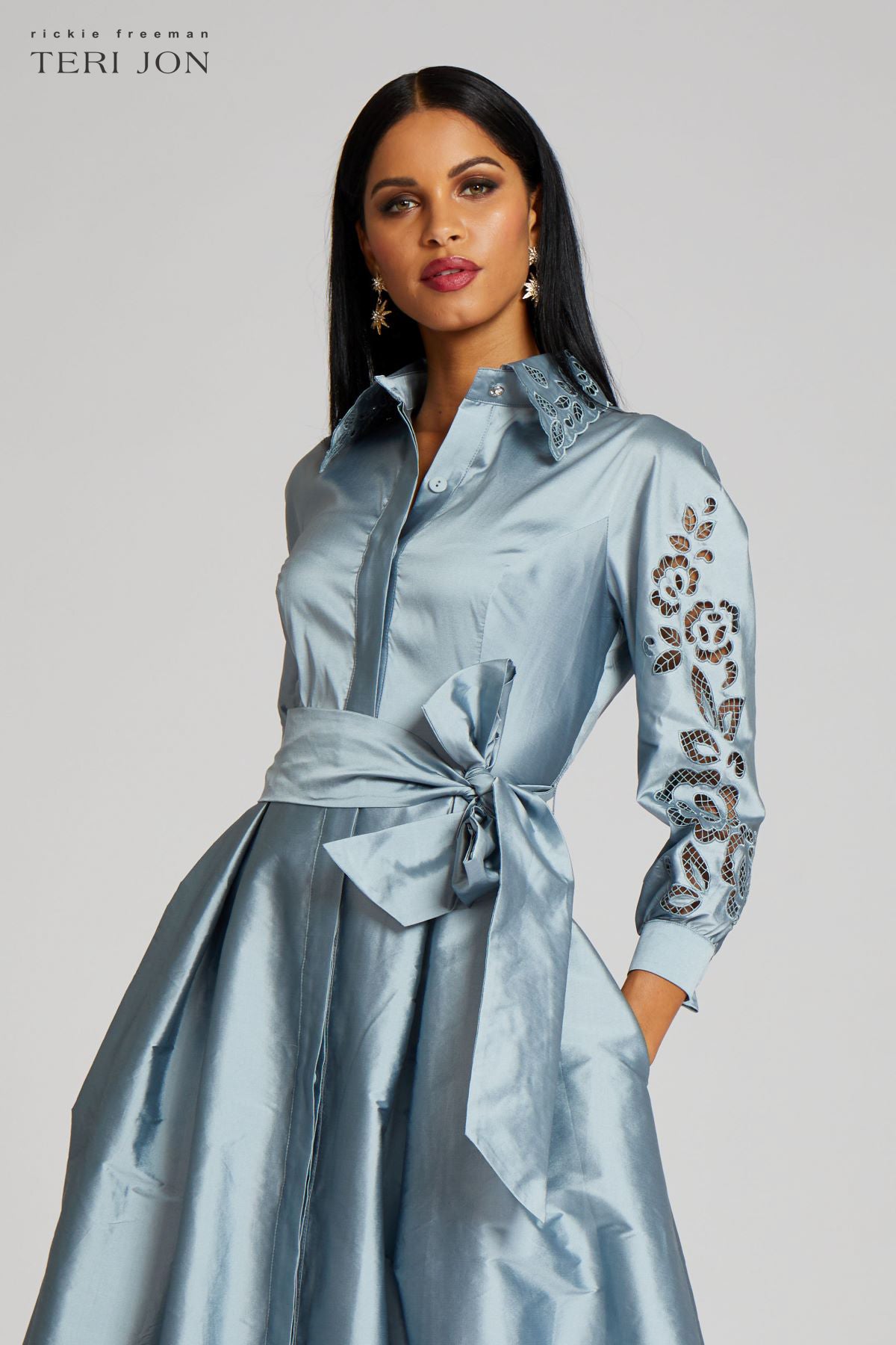 Taffeta Shirtdress Gown With Eyelet Detail