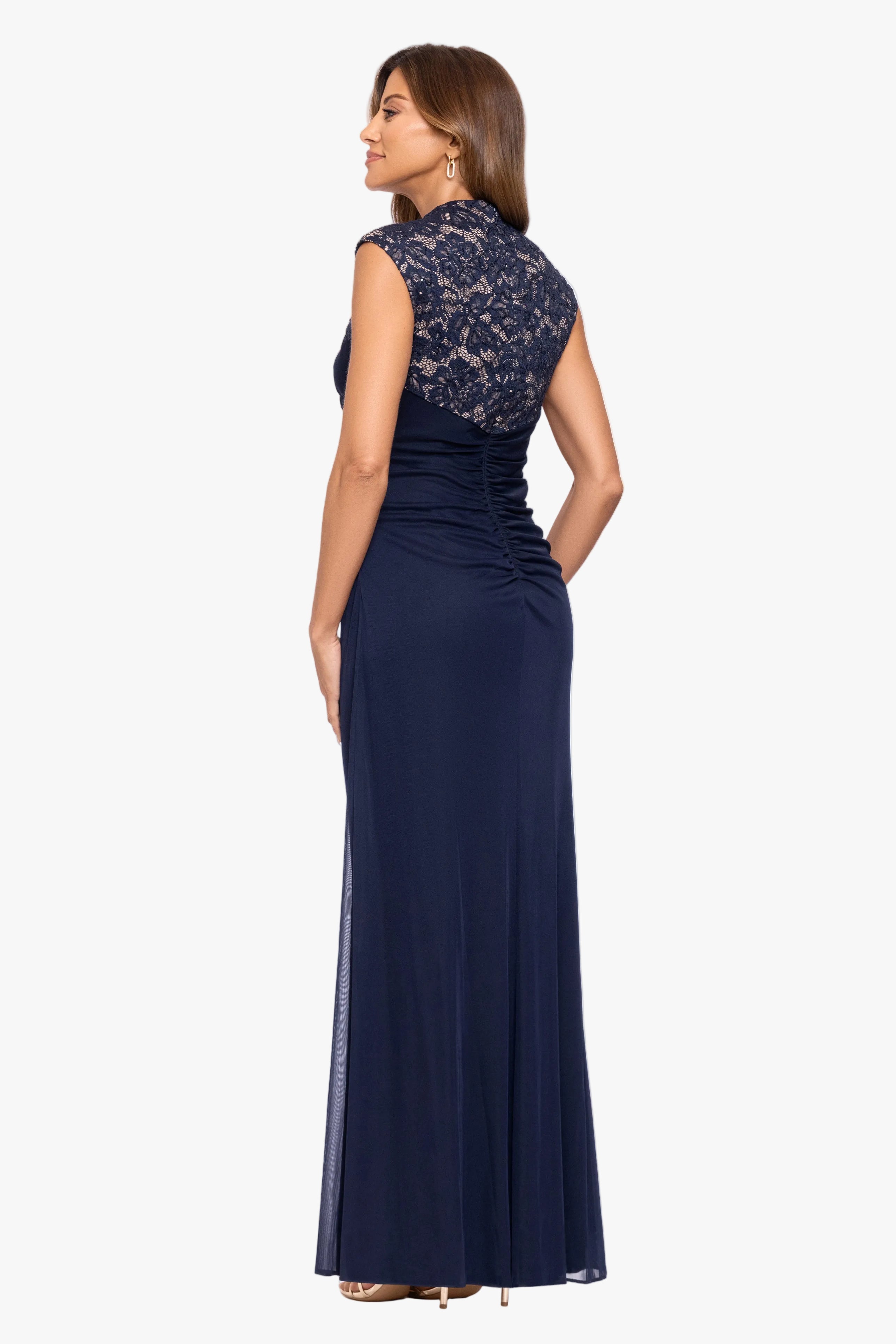 “Dayna” Sheer Matte Jersey Knit Lace Neck Ruched Dress