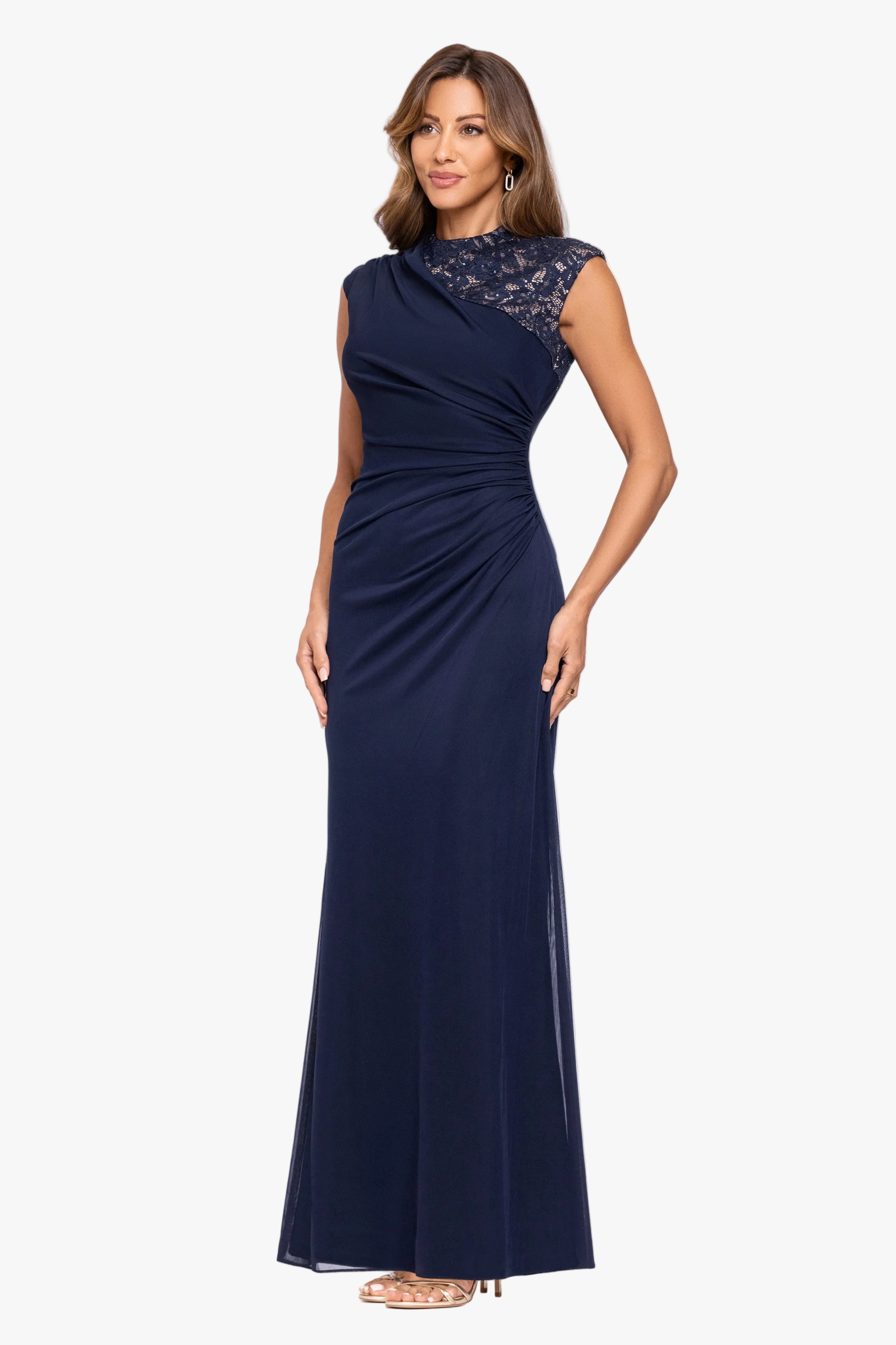 “Dayna” Sheer Matte Jersey Knit Lace Neck Ruched Dress