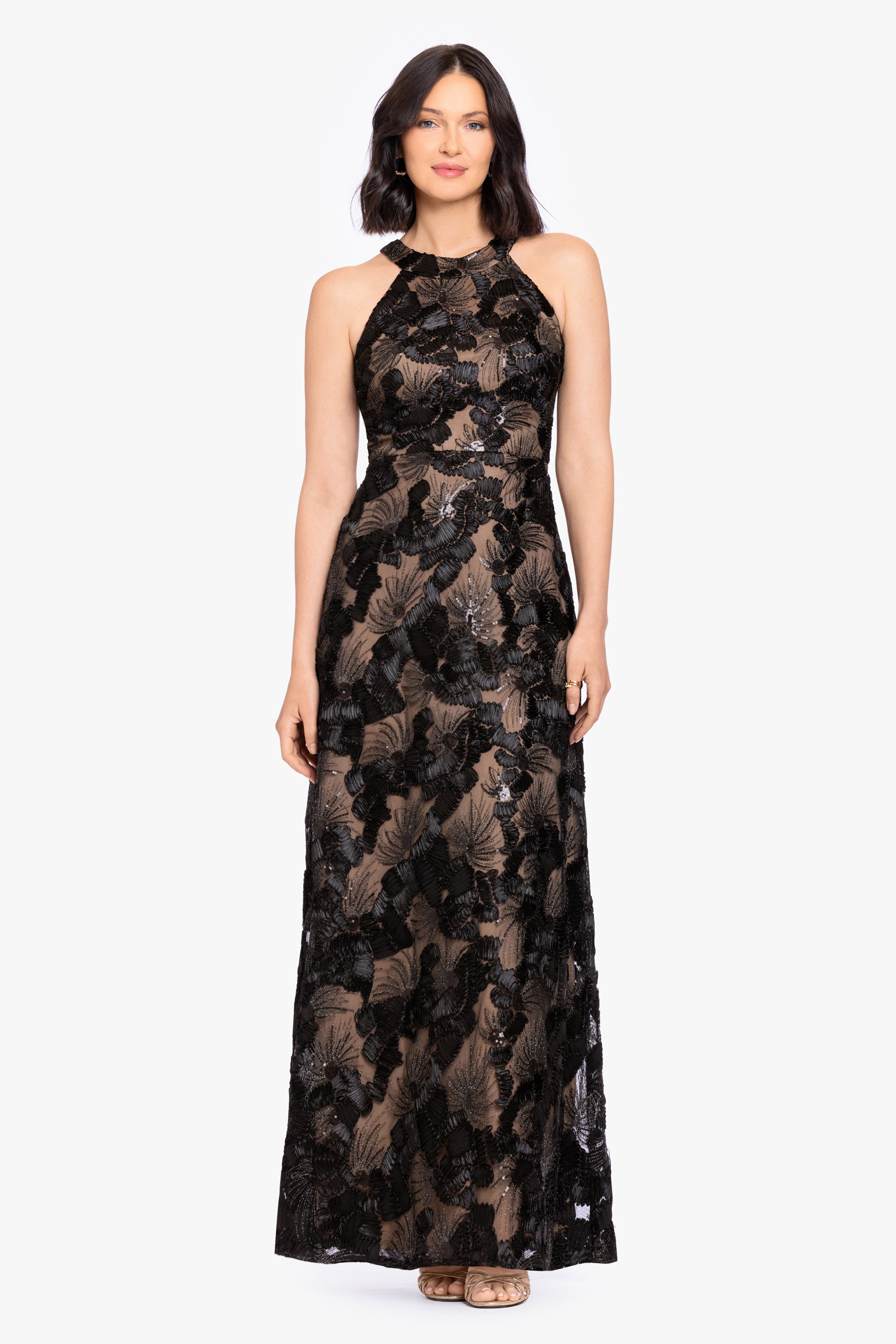 “Fabiana” Soutache Sequin Halter Neck Dress
