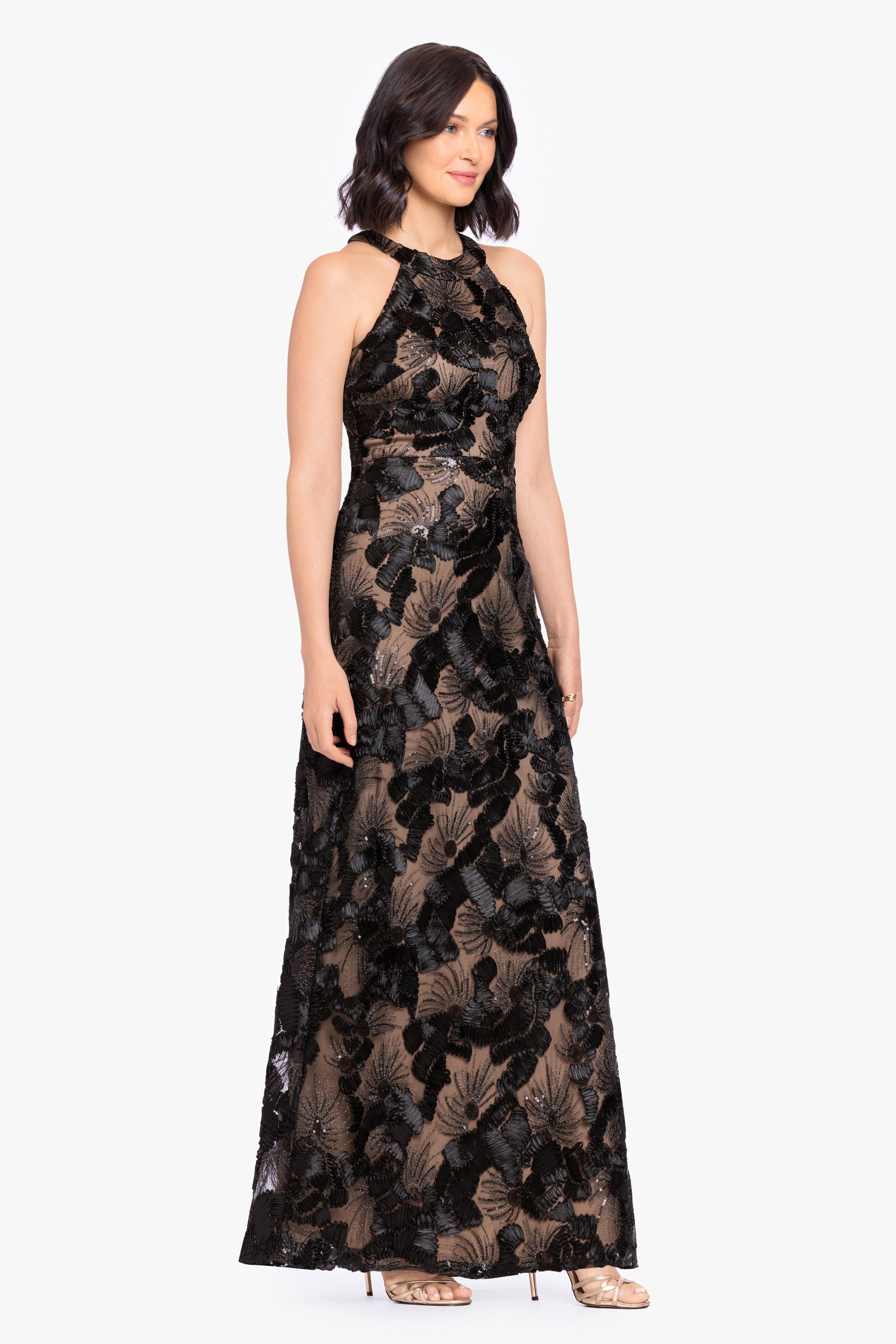“Fabiana” Soutache Sequin Halter Neck Dress