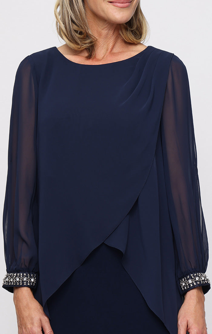 Short Jersey Sheath Dress with Chiffon Tulip Overlay Bodice and Beaded Illusion Cuff Sleeves