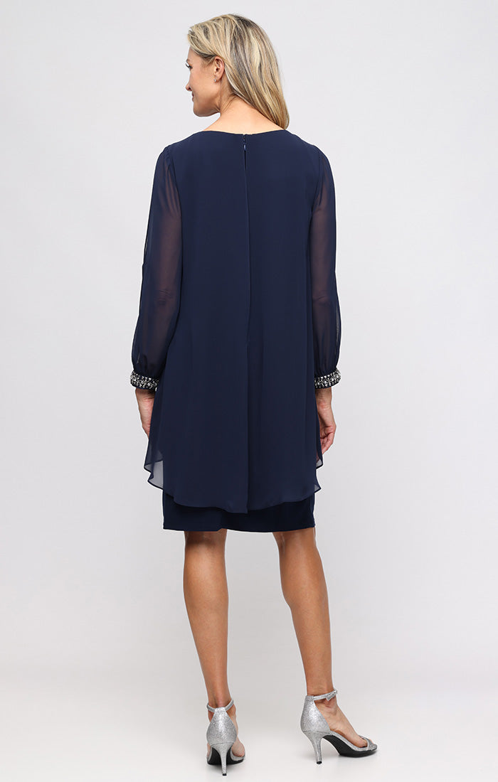 Short Jersey Sheath Dress with Chiffon Tulip Overlay Bodice and Beaded Illusion Cuff Sleeves