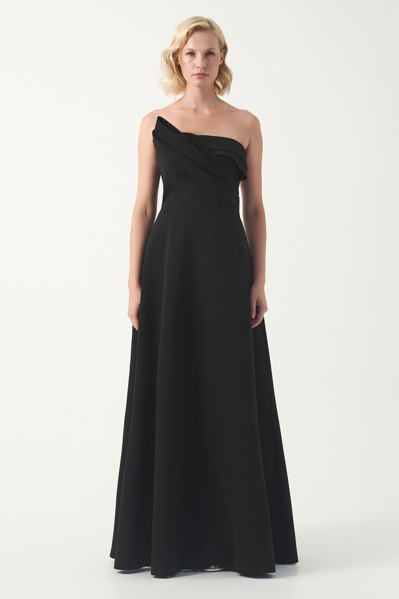 Asymmetric Draped A-Line Long Gown