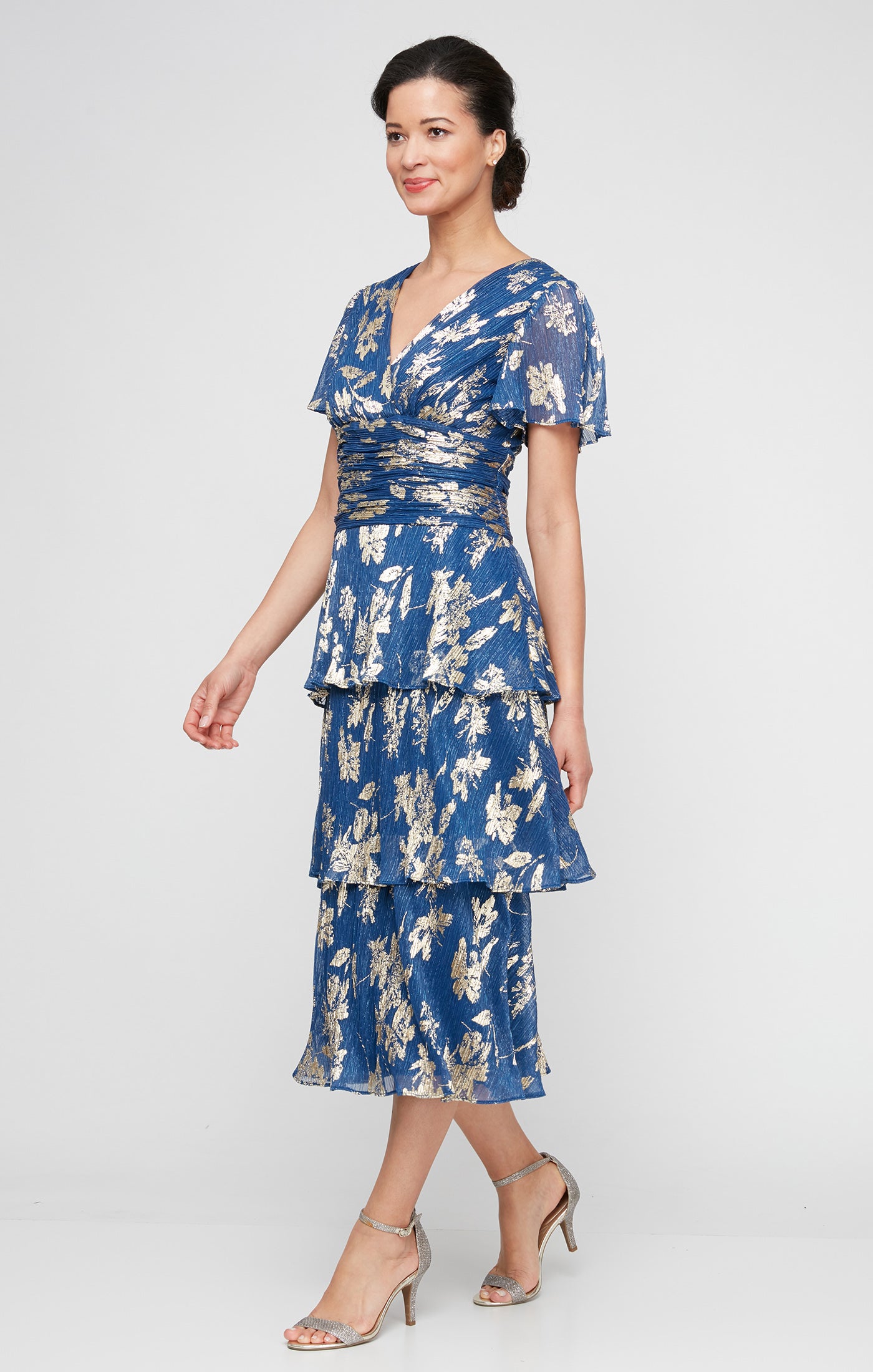 Foil Printed Surplice Neckline Dress with Ruched Waist and Tiered Skirt