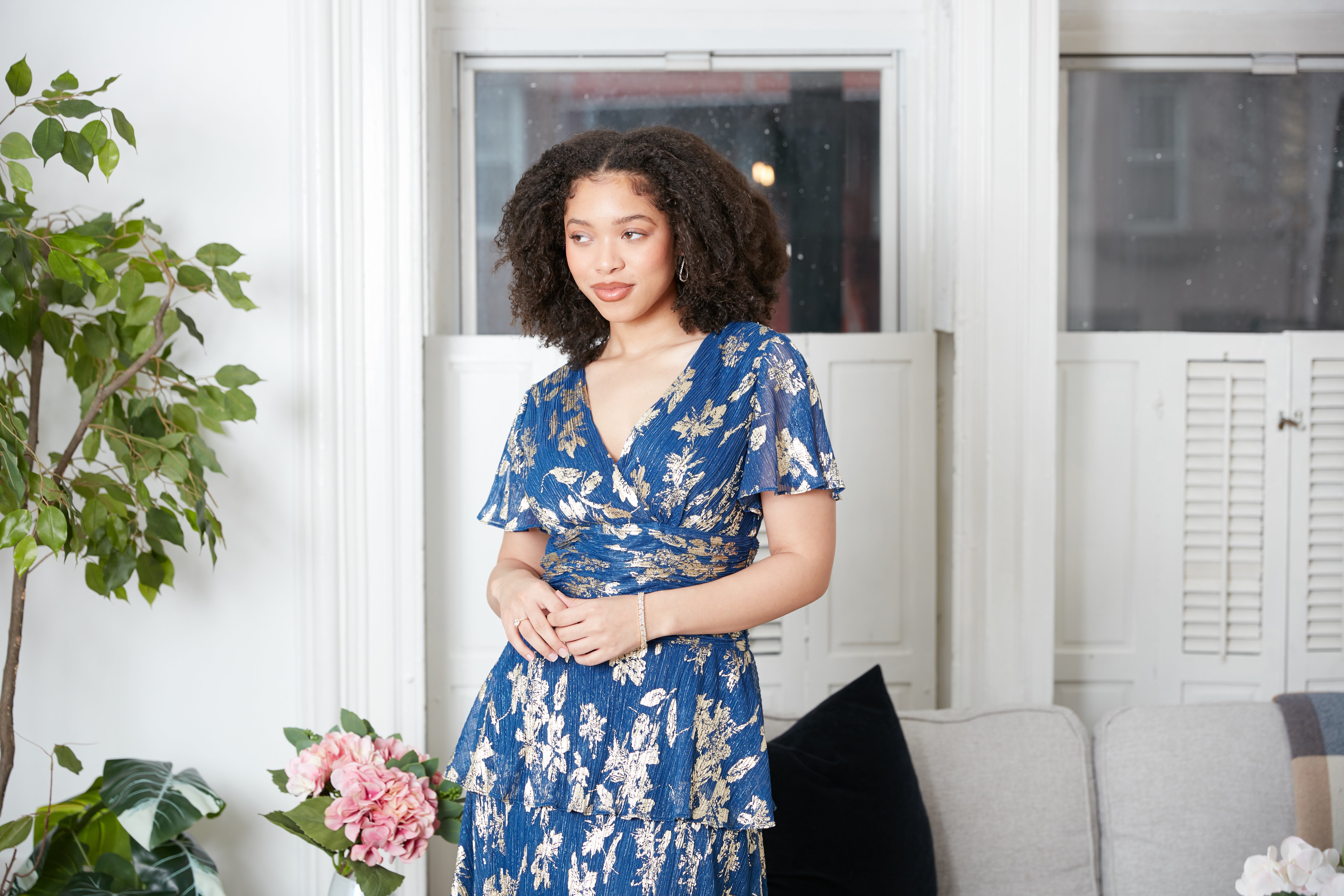 Foil Printed Surplice Neckline Dress with Ruched Waist and Tiered Skirt