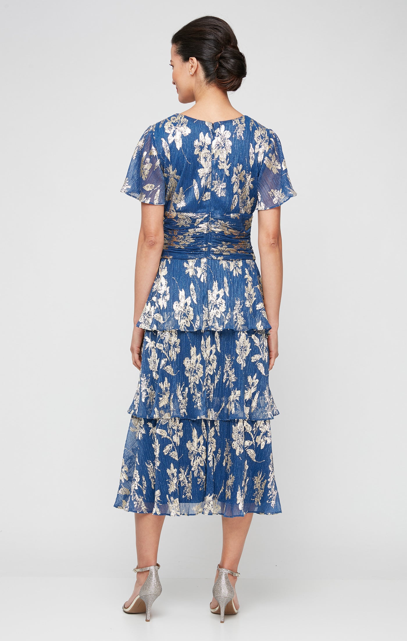 Foil Printed Surplice Neckline Dress with Ruched Waist and Tiered Skirt