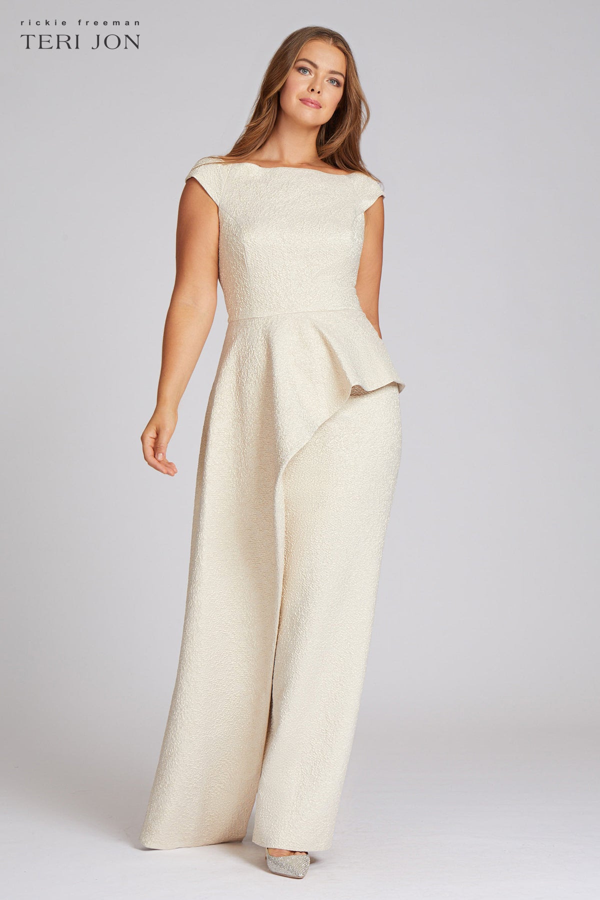 Jacquard Off The Shoulder Side Drape Overlay Gown