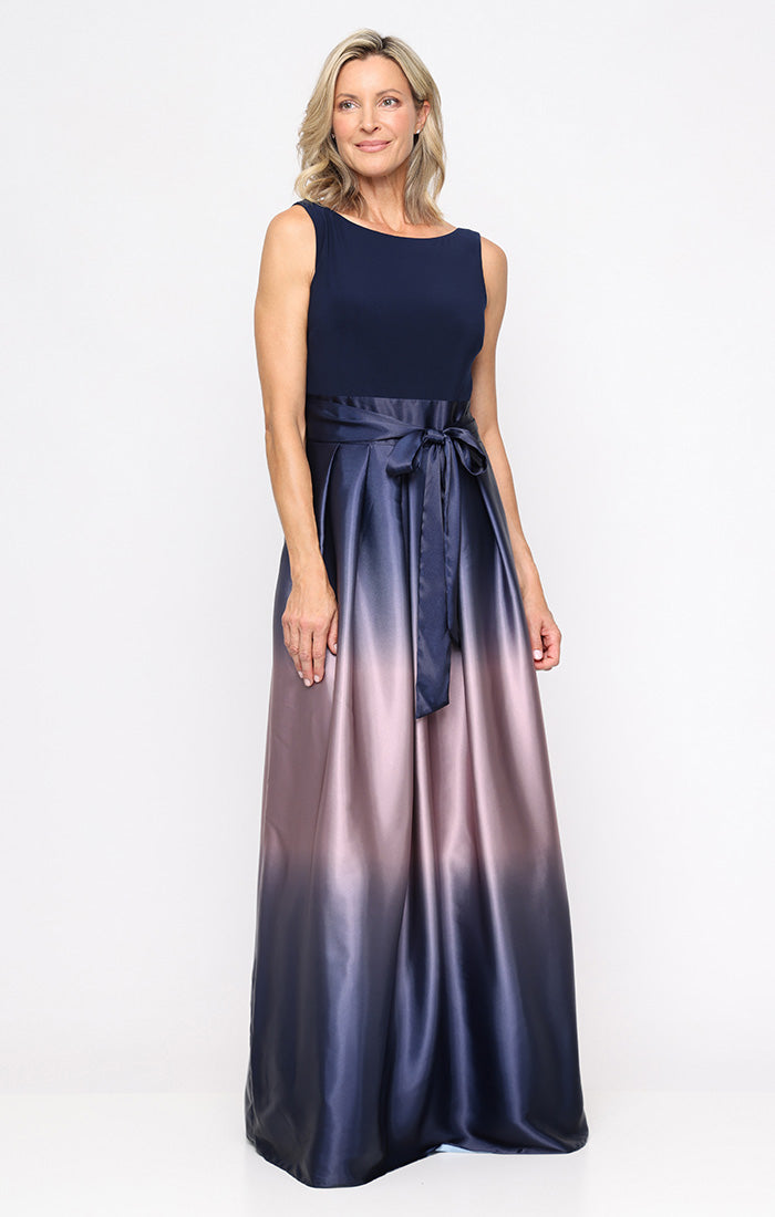 Sleeveless Gown with Satin Ombre Skirt & Tie Belt