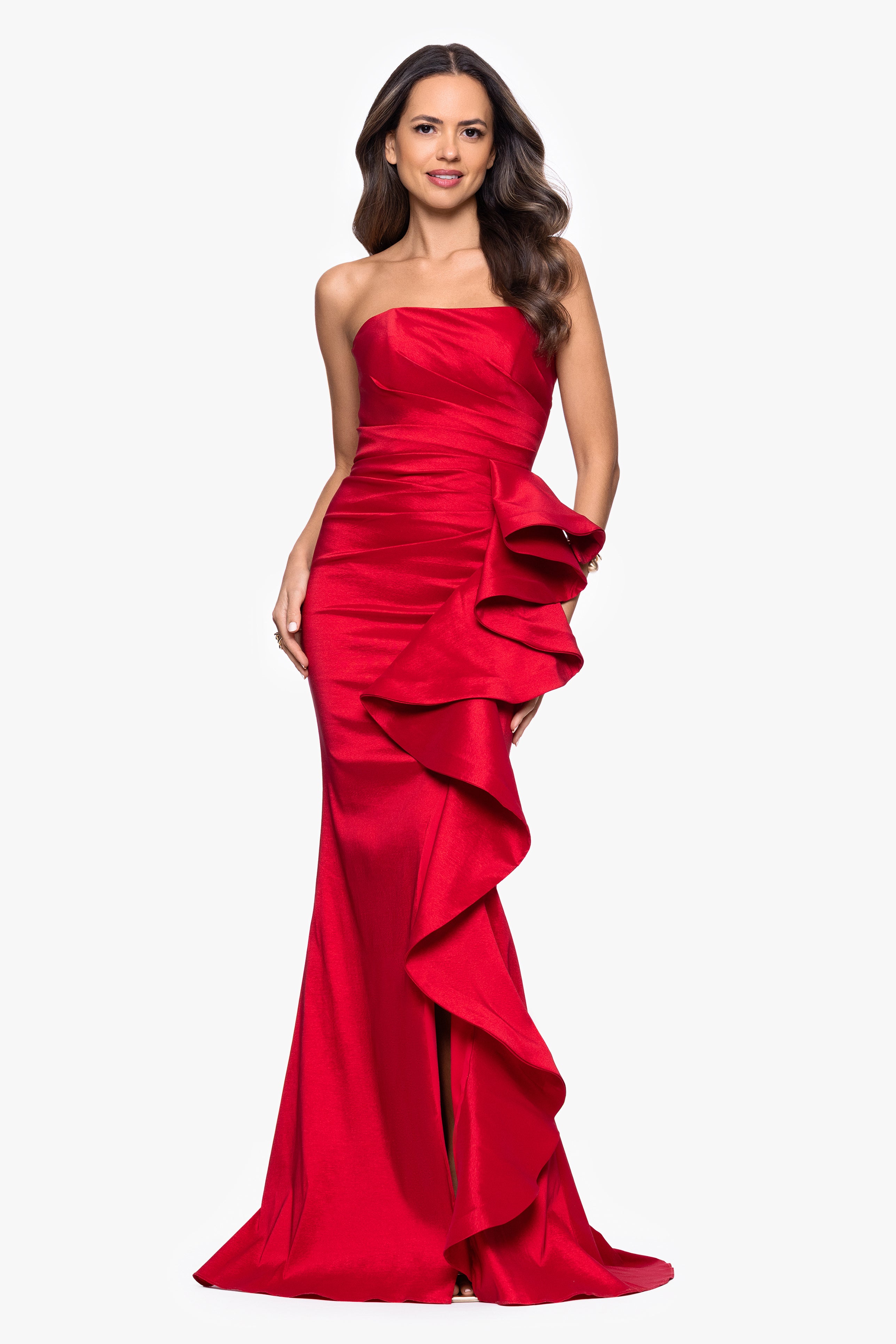 “Rowan” Taffeta Strapless Ruffle Dress