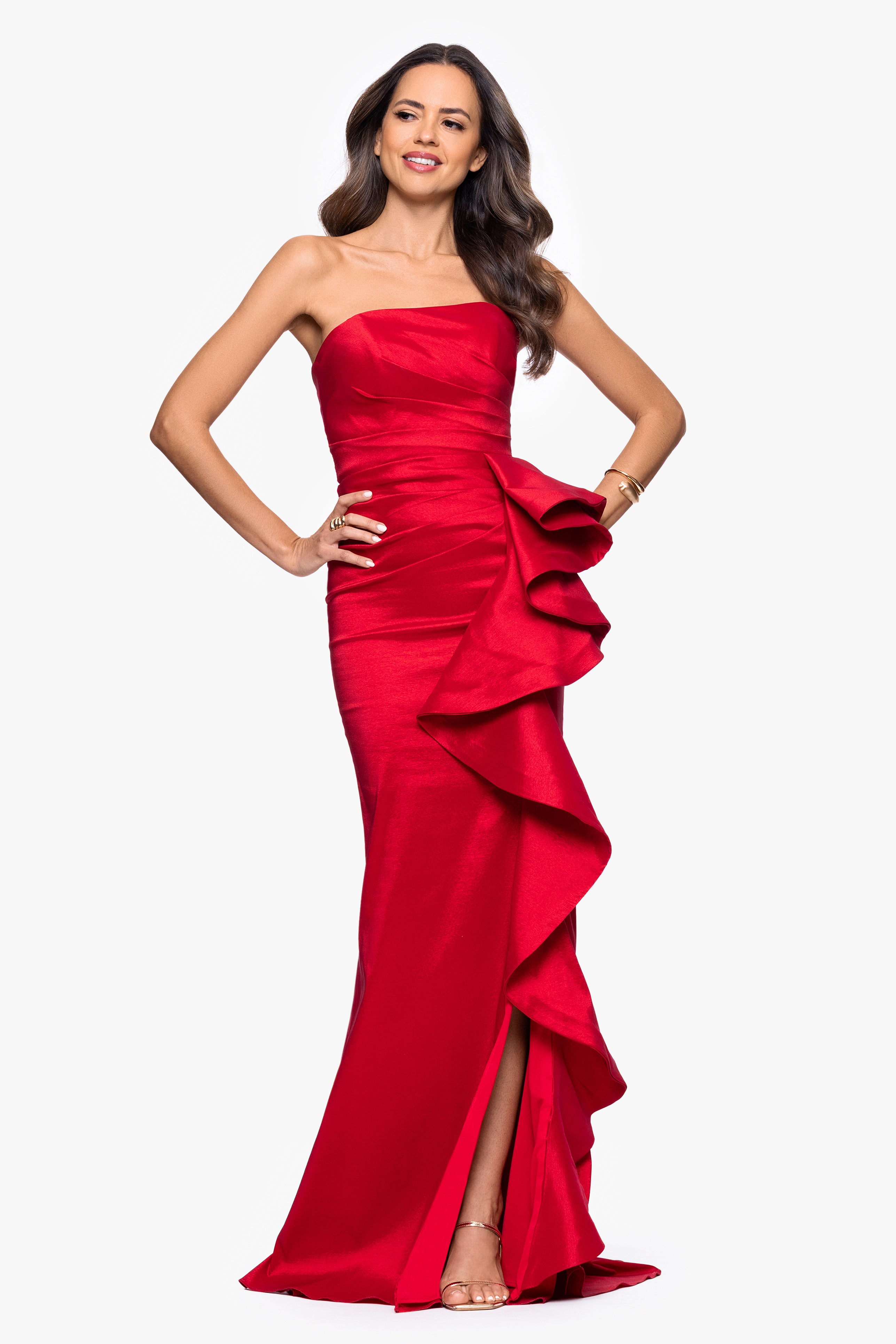 “Rowan” Taffeta Strapless Ruffle Dress