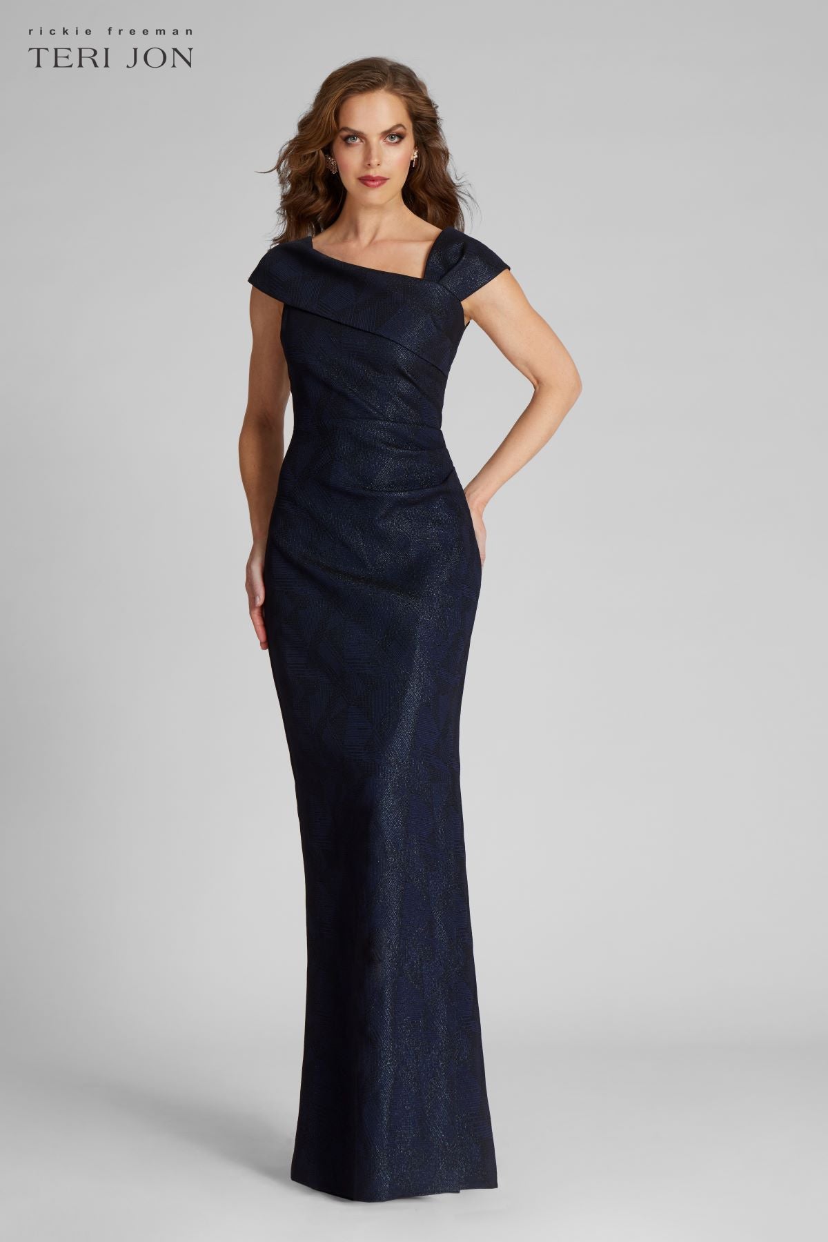 Metallic Jacquard Asymmetrical Shoulder Gown