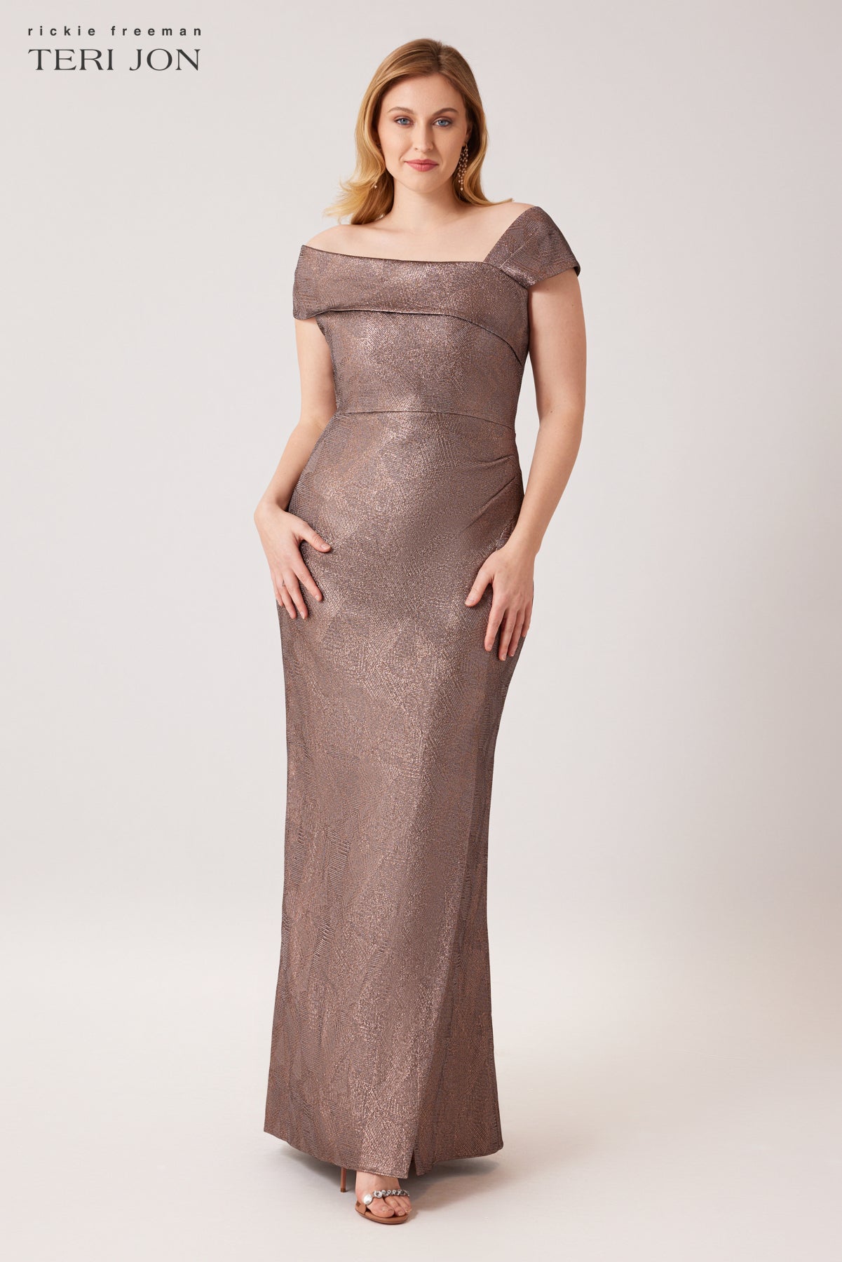 Metallic Jacquard Asymmetrical Shoulder Gown