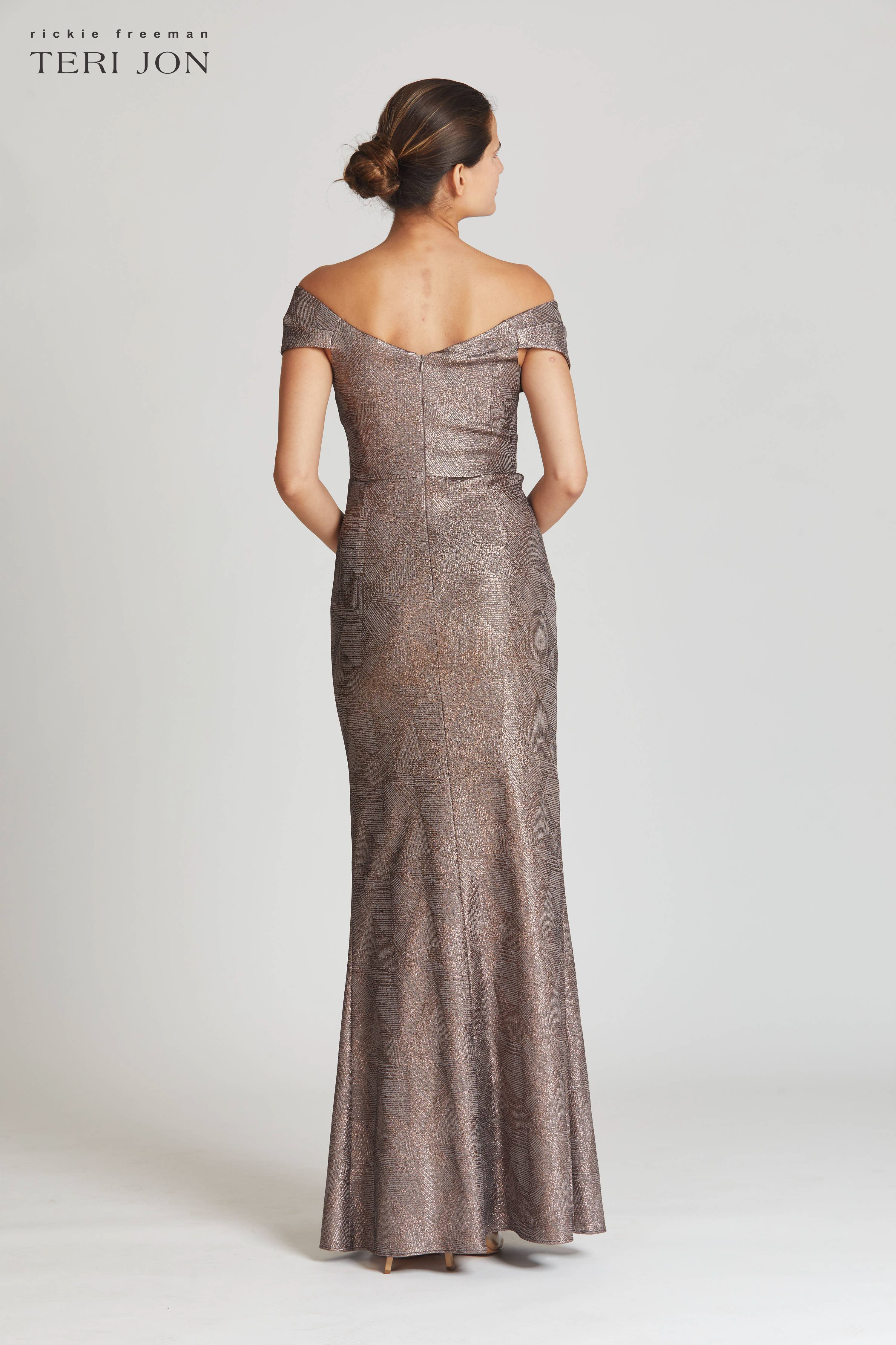 Metallic Jacquard Asymmetrical Shoulder Gown