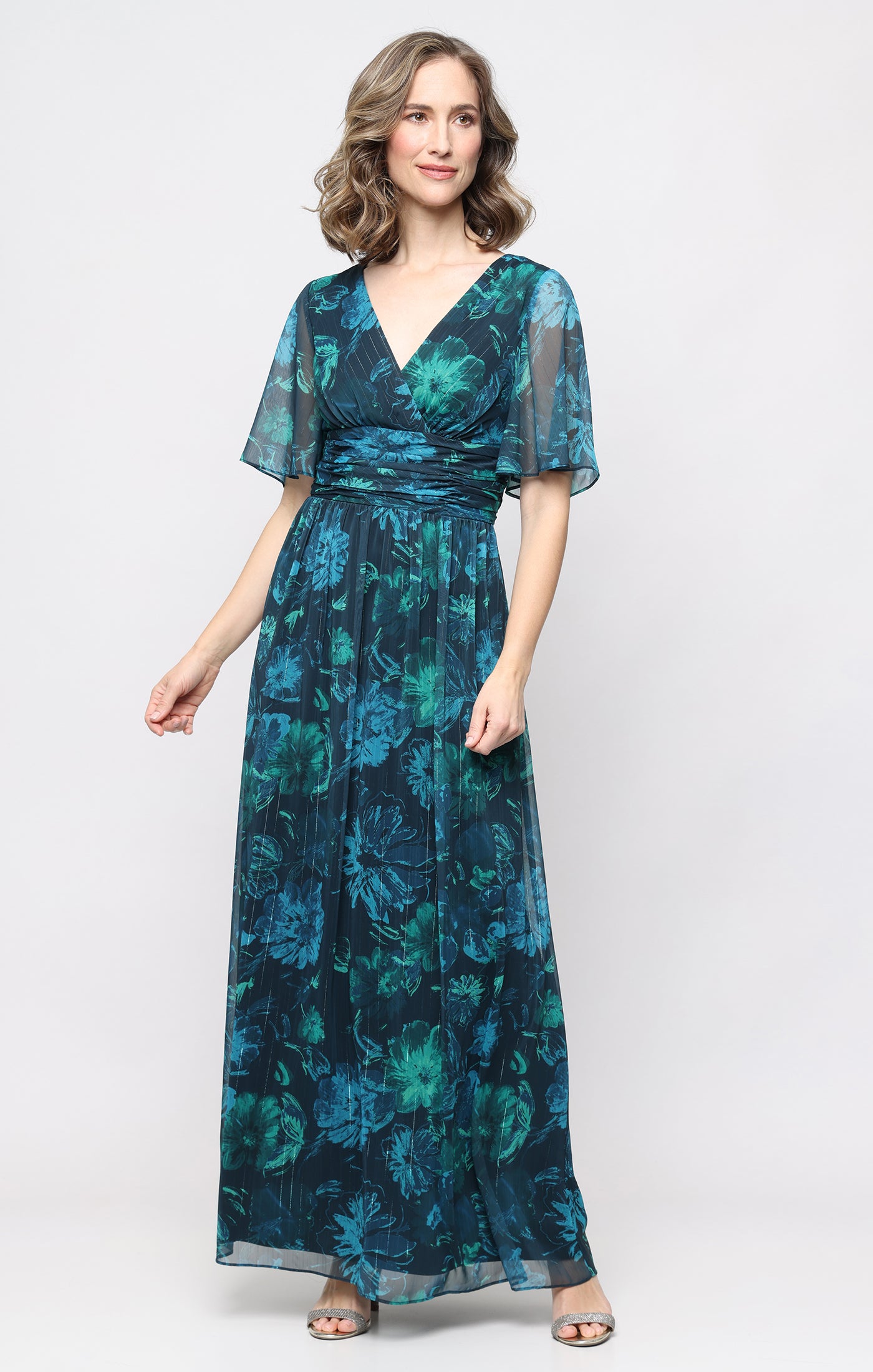 Long Printed Lurex Chiffon Surplice Neckline Dress with Elbow Flutter Sleeves