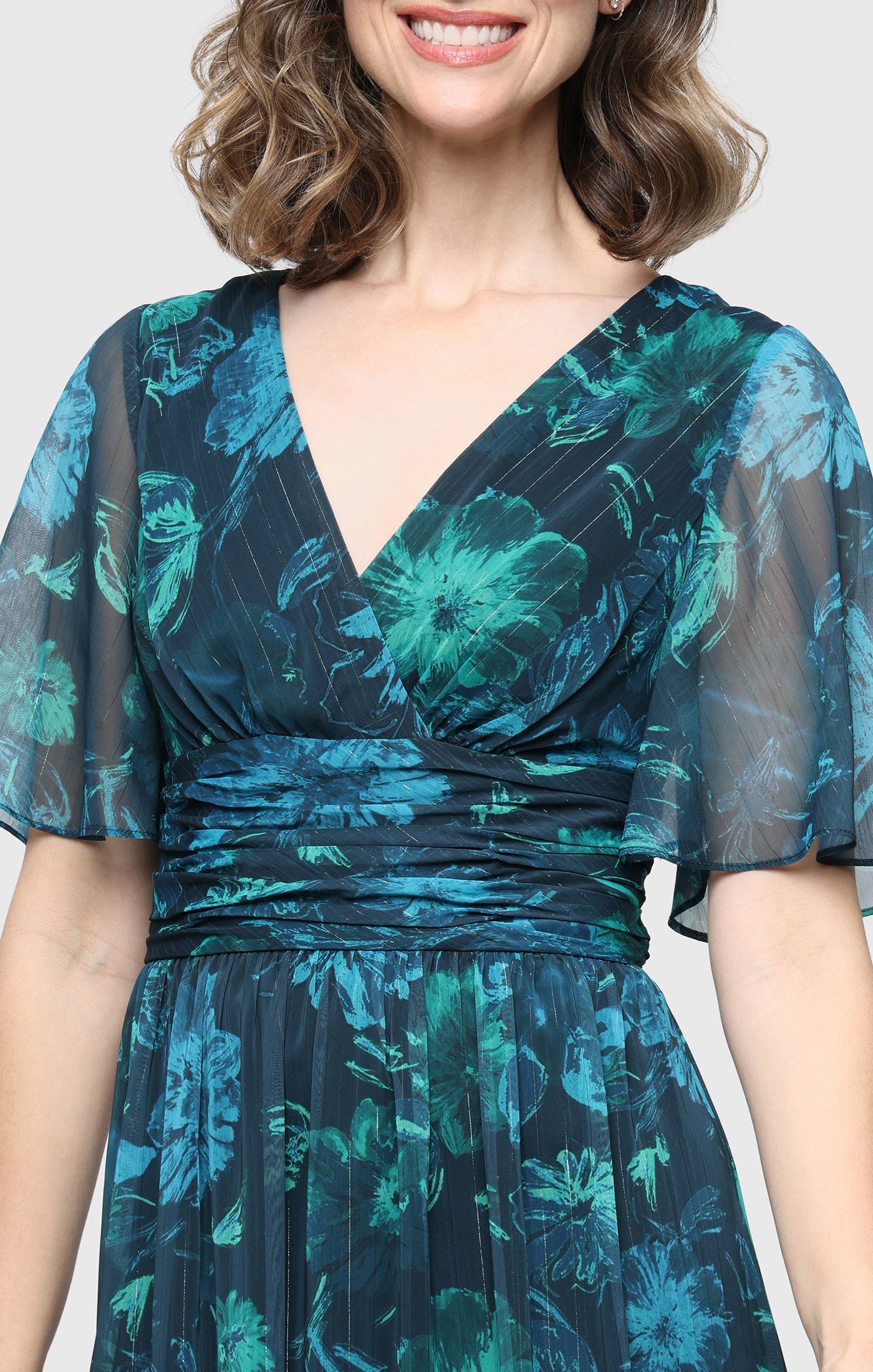 Long Printed Lurex Chiffon Surplice Neckline Dress with Elbow Flutter Sleeves
