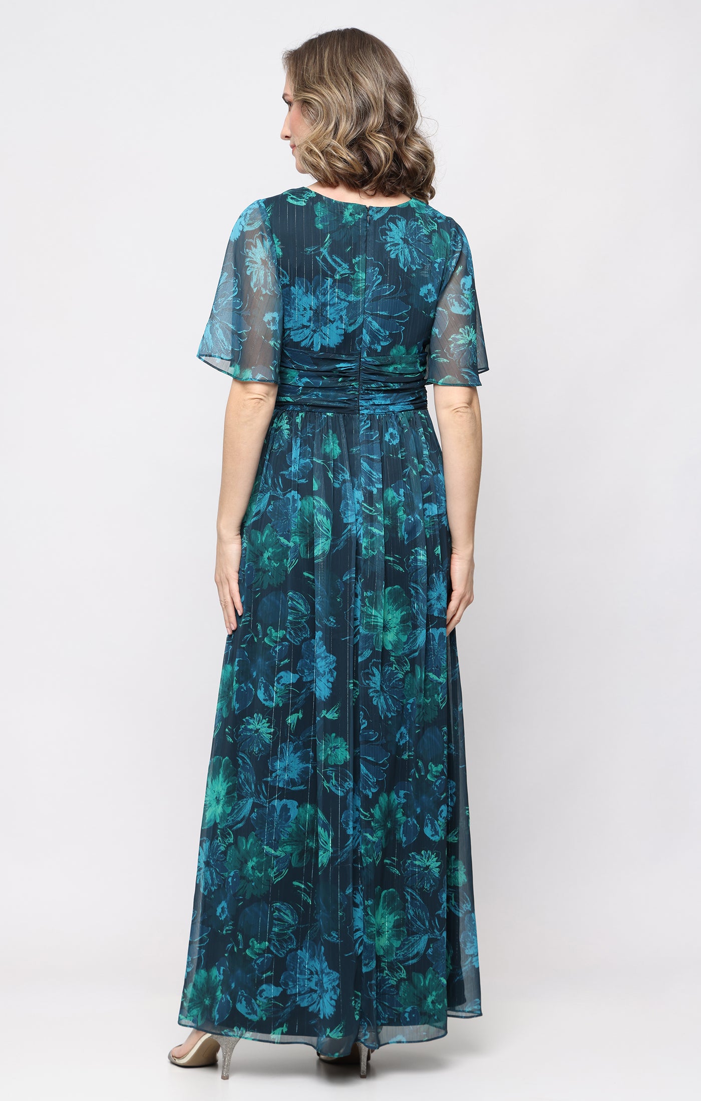 Long Printed Lurex Chiffon Surplice Neckline Dress with Elbow Flutter Sleeves
