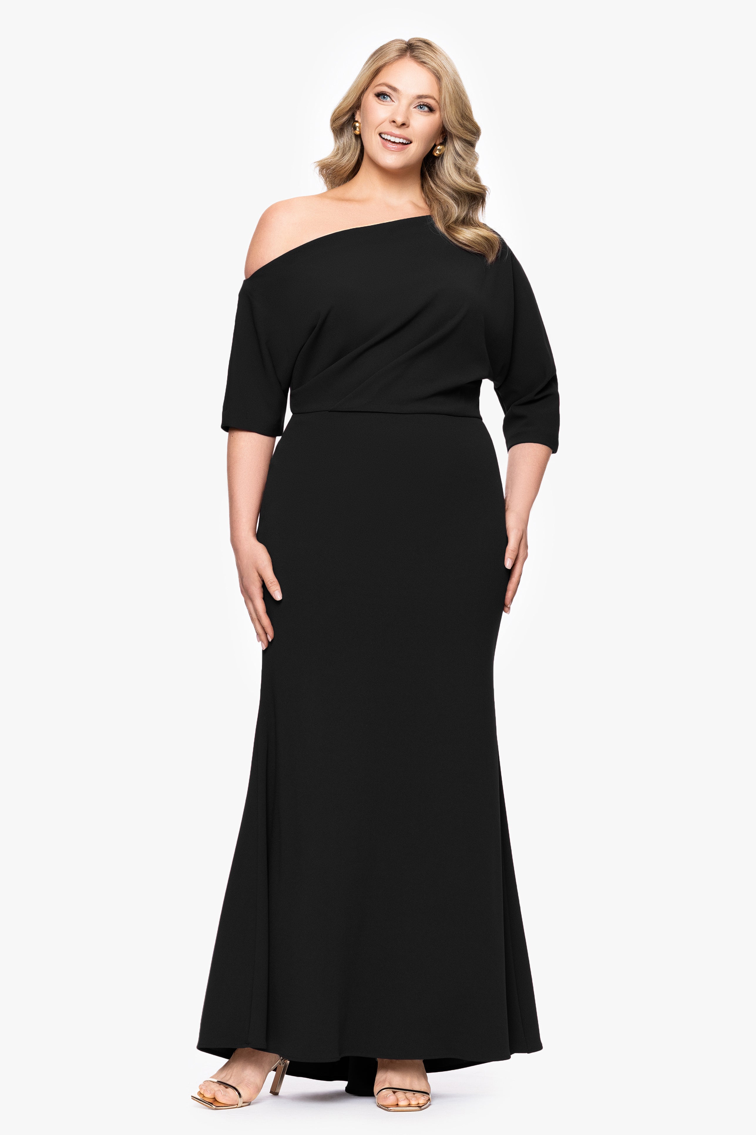 Plus “Madeline” Scuba Crepe Off The Shoulder Dress
