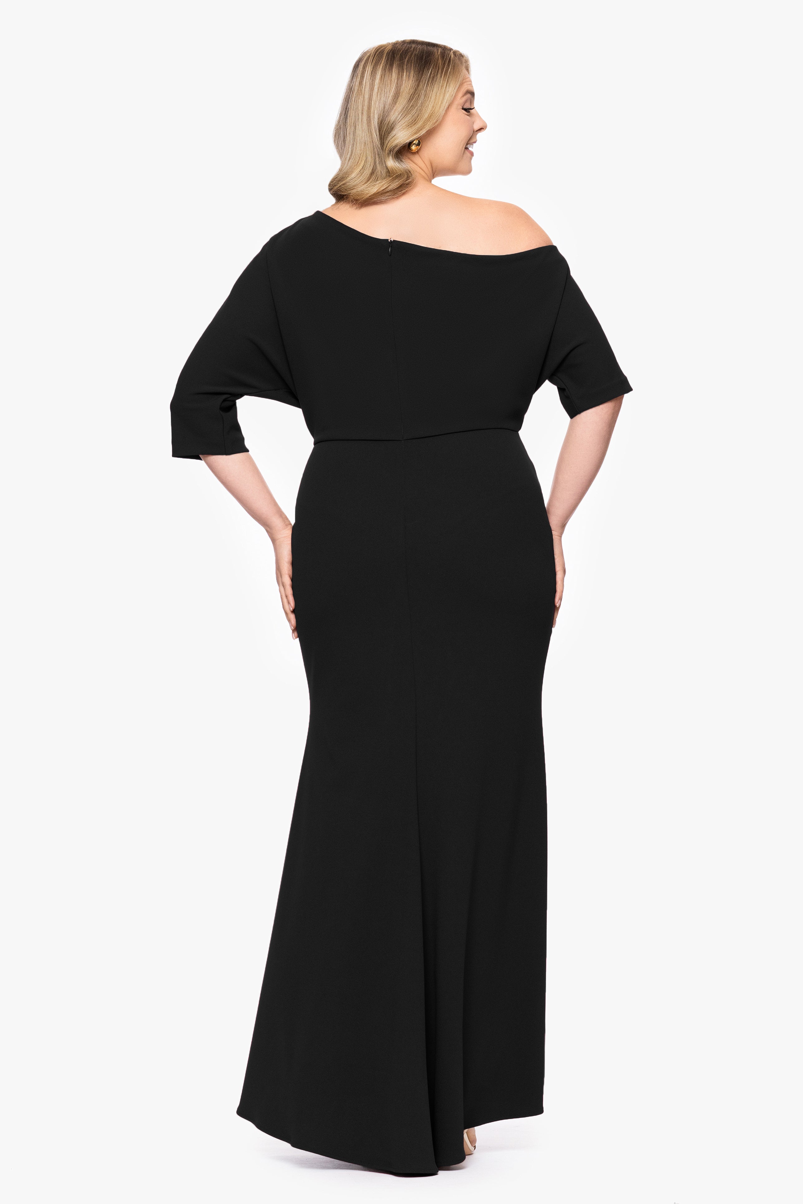 Plus “Madeline” Scuba Crepe Off The Shoulder Dress