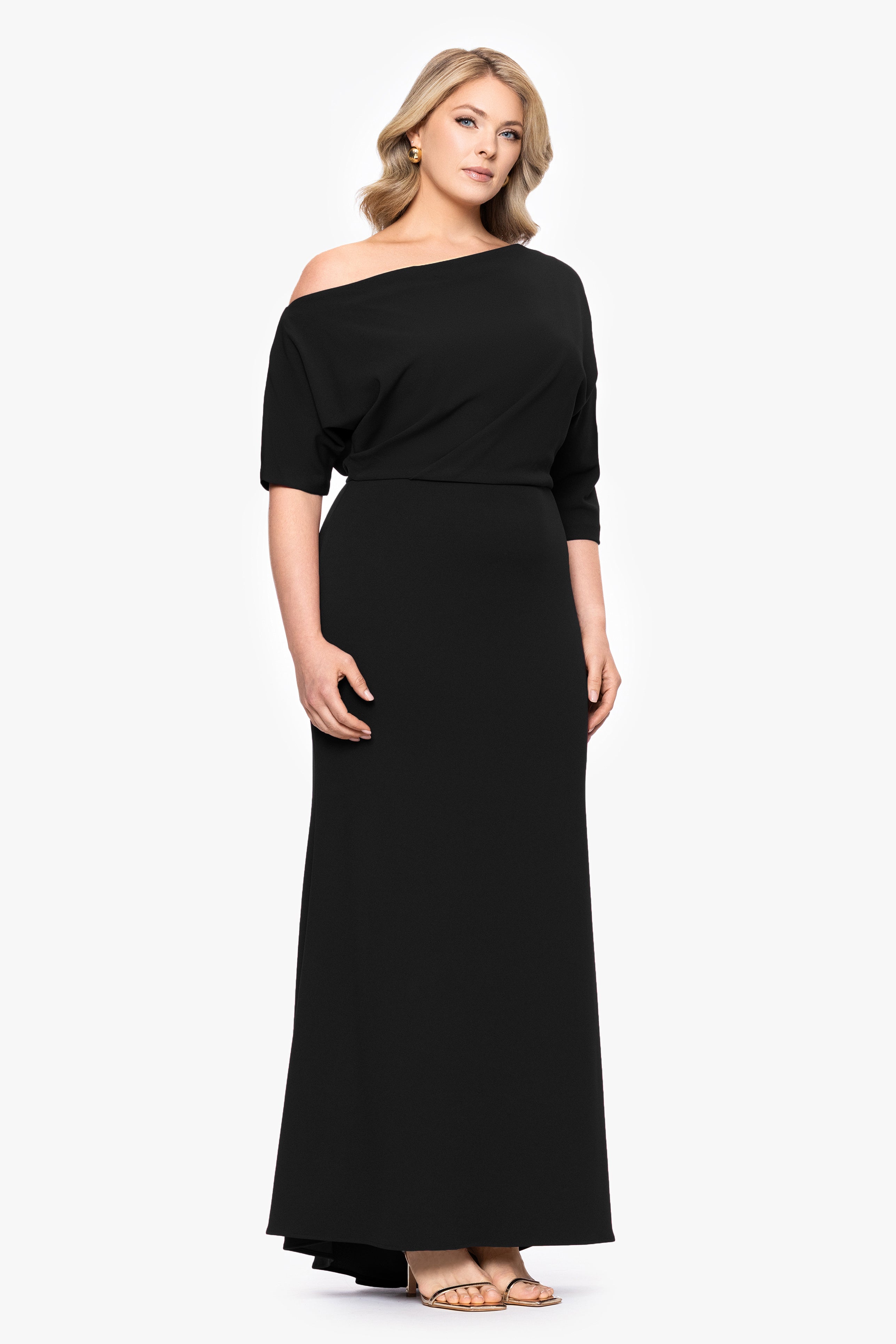 Plus “Madeline” Scuba Crepe Off The Shoulder Dress